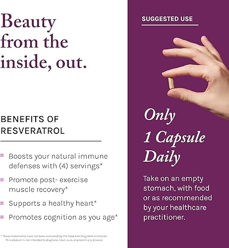 Miniatura 4 de Reserveage Beauty, Resveratrol 250 mg, suplemento antioxidante para la salud cardíaca y celular, apoya el envejecimiento saludable y el sistema