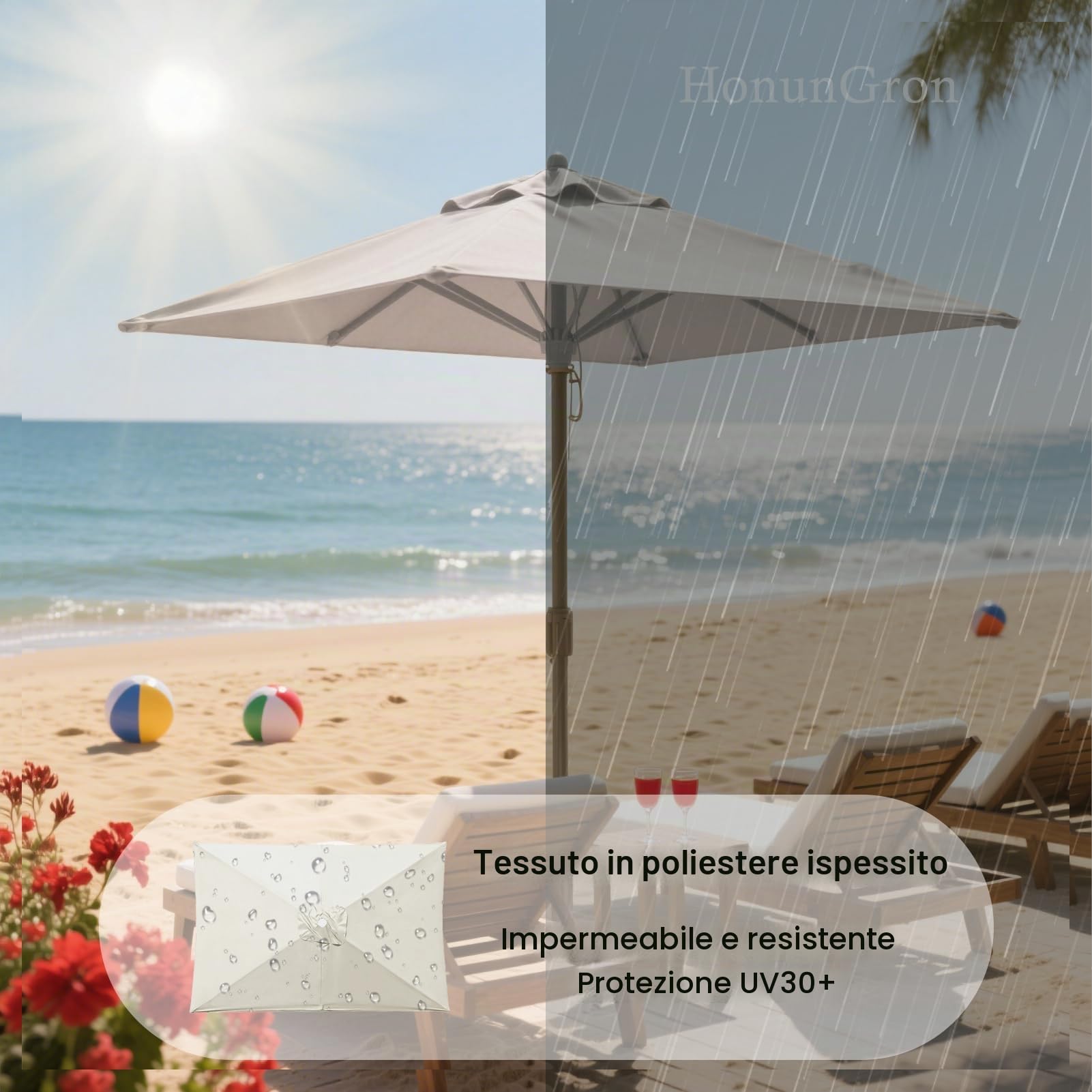 UV30+ Telo di Ricambio per Ombrellone Rettangolare, 3 x 2 m, 6 Stecche, per Giardino, Spiaggia, Mercato e Tavolo, in Tessuto di Ricambio