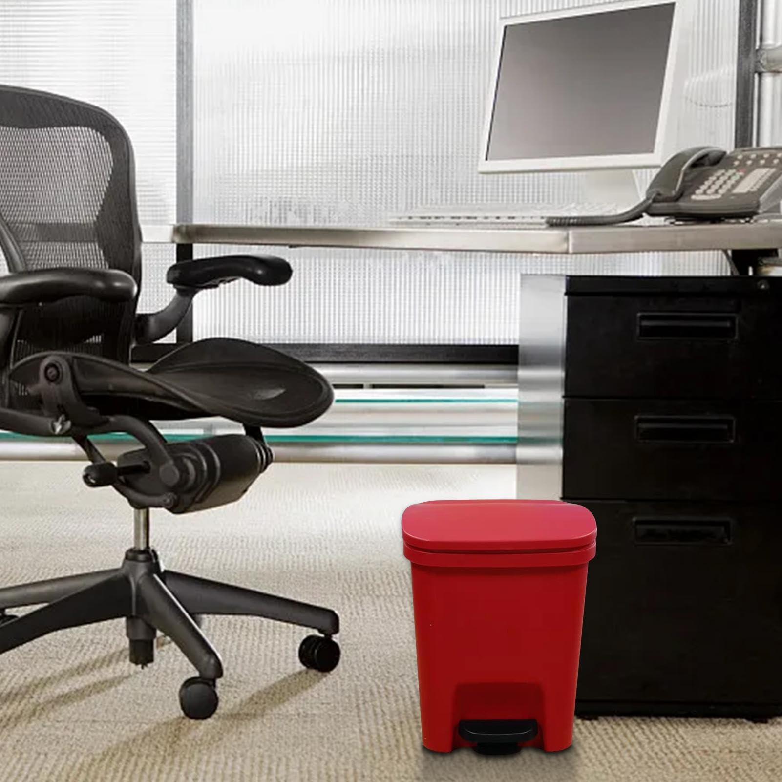 Step- Trash Can - Kitchen Waste Bin | Kitchen Garbage Bin with Soft Close Lid | Anti-Slip Waste Bin Protection Rectangular Trash Can Foot Pedal for Bathroom, Kitchen, Ruby red