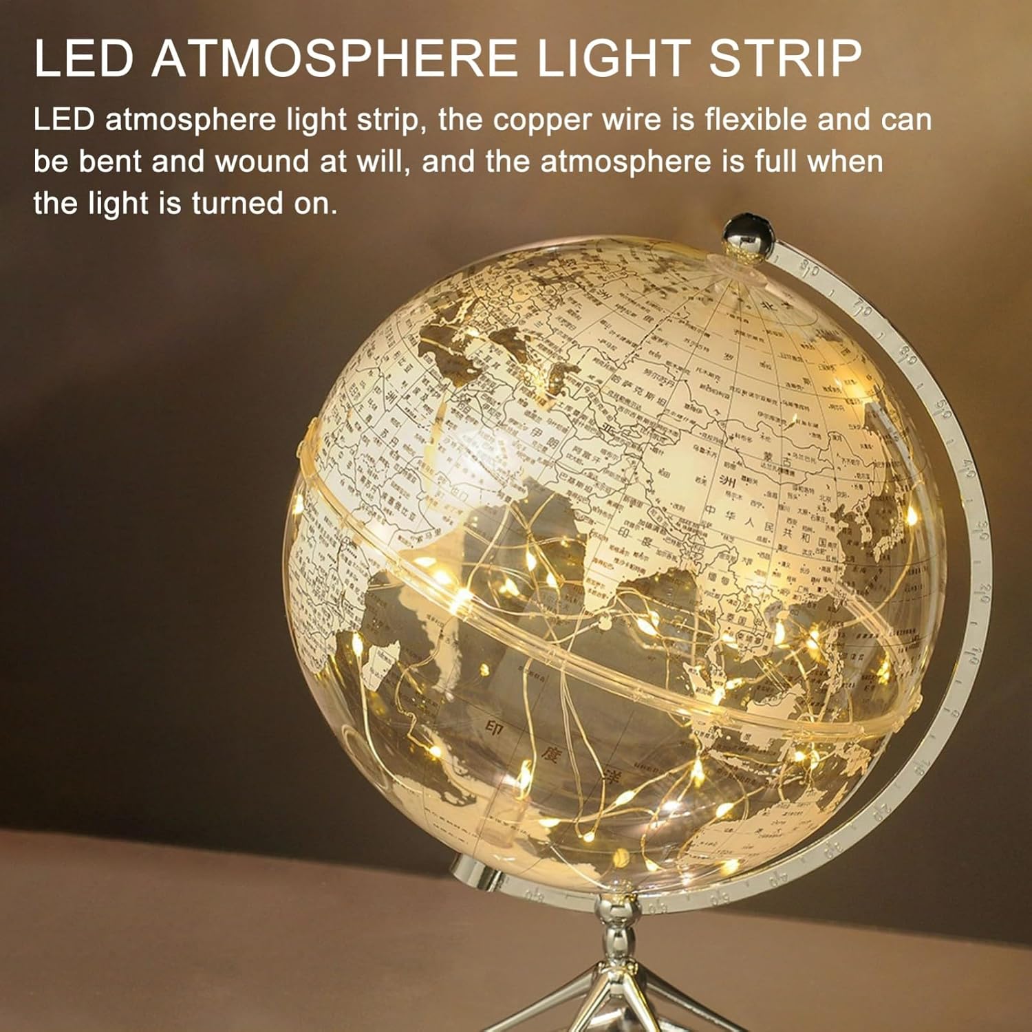 Illuminated World Globe Lamp, Creative Clear Rotating Earth Globe on Stand with Built-in Gypsophila LED Strip, for Office/Home Décor Ornaments(White)