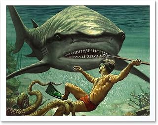 Wee Blue Coo Painting Shark Attack Octopus Diver Spear Adventure Underwater Art Print Framed Poster Wall Decor 12x16 inch