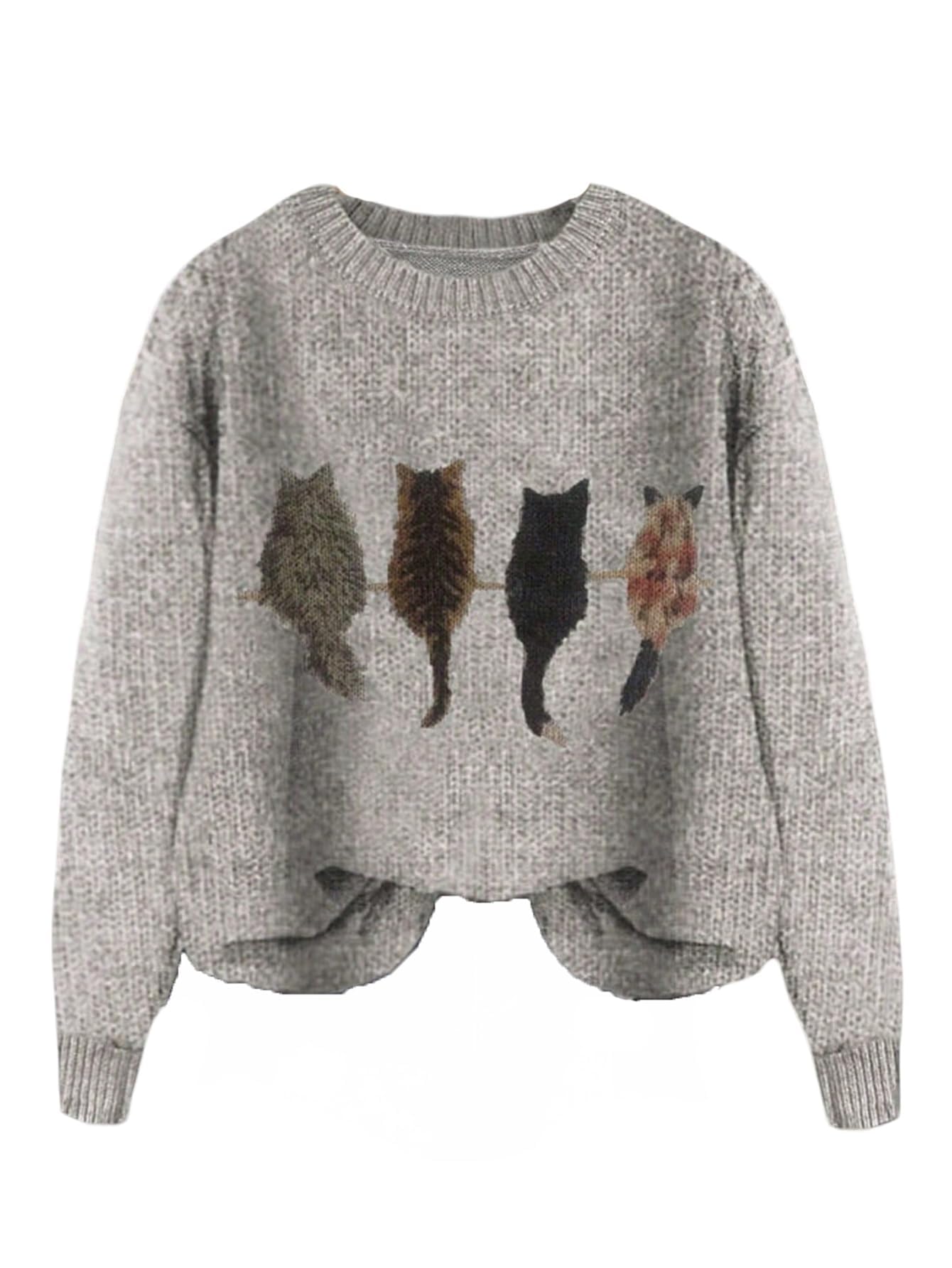Women's Cat Graphic Sweater Long Sleeve Crew Neck Knit Tops