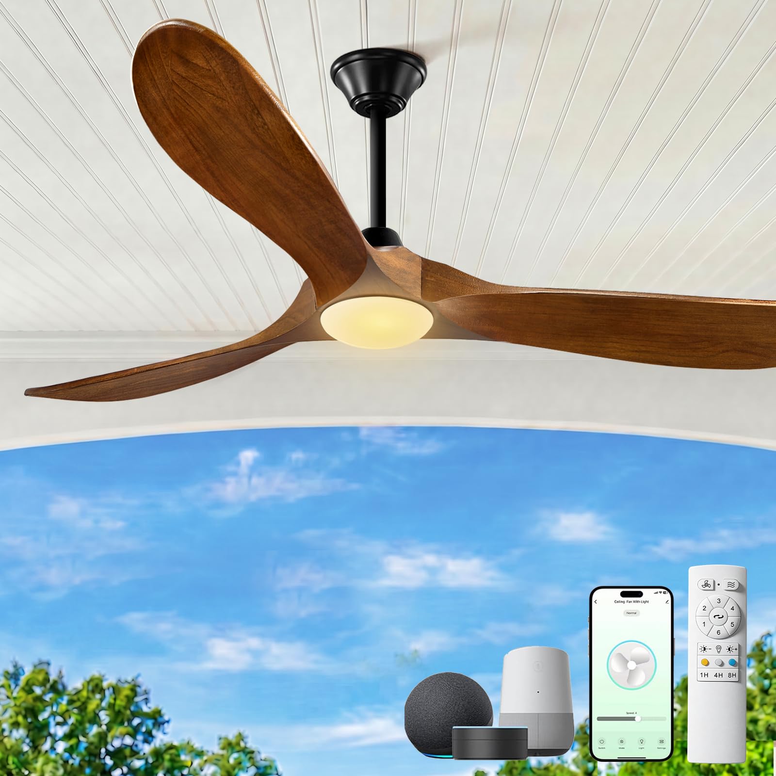 52 inch Outdoor Ceiling Fans with Lights-Glass Lamp, Smart Ceiling Fan with WIFI Alexa and App Remote Control, Damp Rated Wood Propeller Blades for Patios &amp; Porch, 3 Blades, High CFM 6 Speed, Walnut