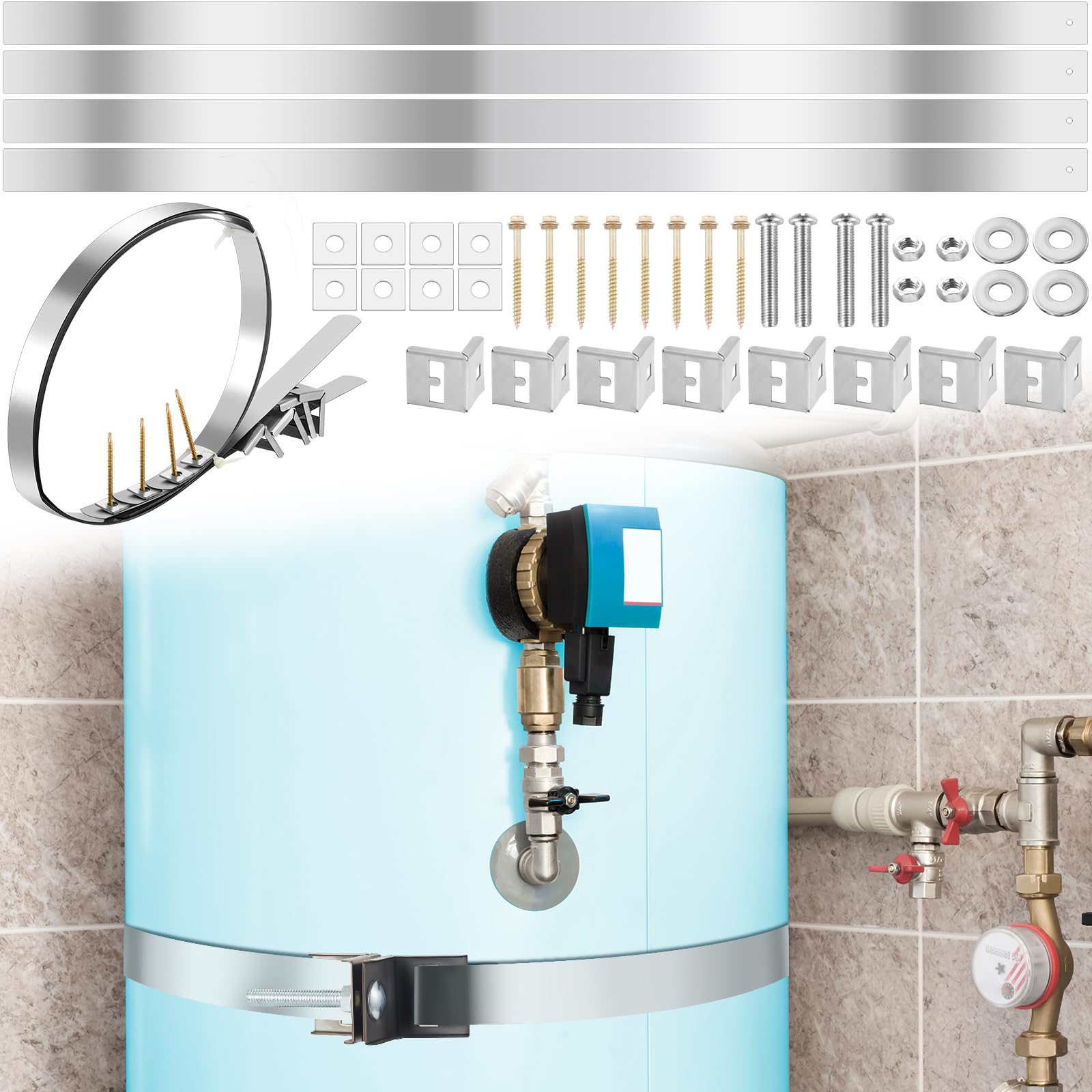 Zonon - Juego de 2 correas para calentador de agua sísmico, ajustables a 90 grados, con montaje frontal, correas de metal resistentes a terremotos para tanque de calentador de agua de 55 galones, de acero inoxidable galvanizado, con accesorio de instalación