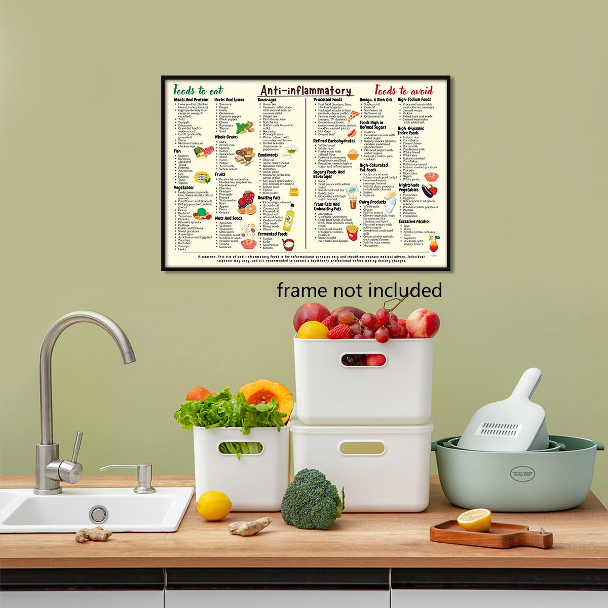Anti-Inflammatory Foods Guide Poster - Gut Health Nutrition Chart For Kitchen, Grocery List For Inflammation Diet