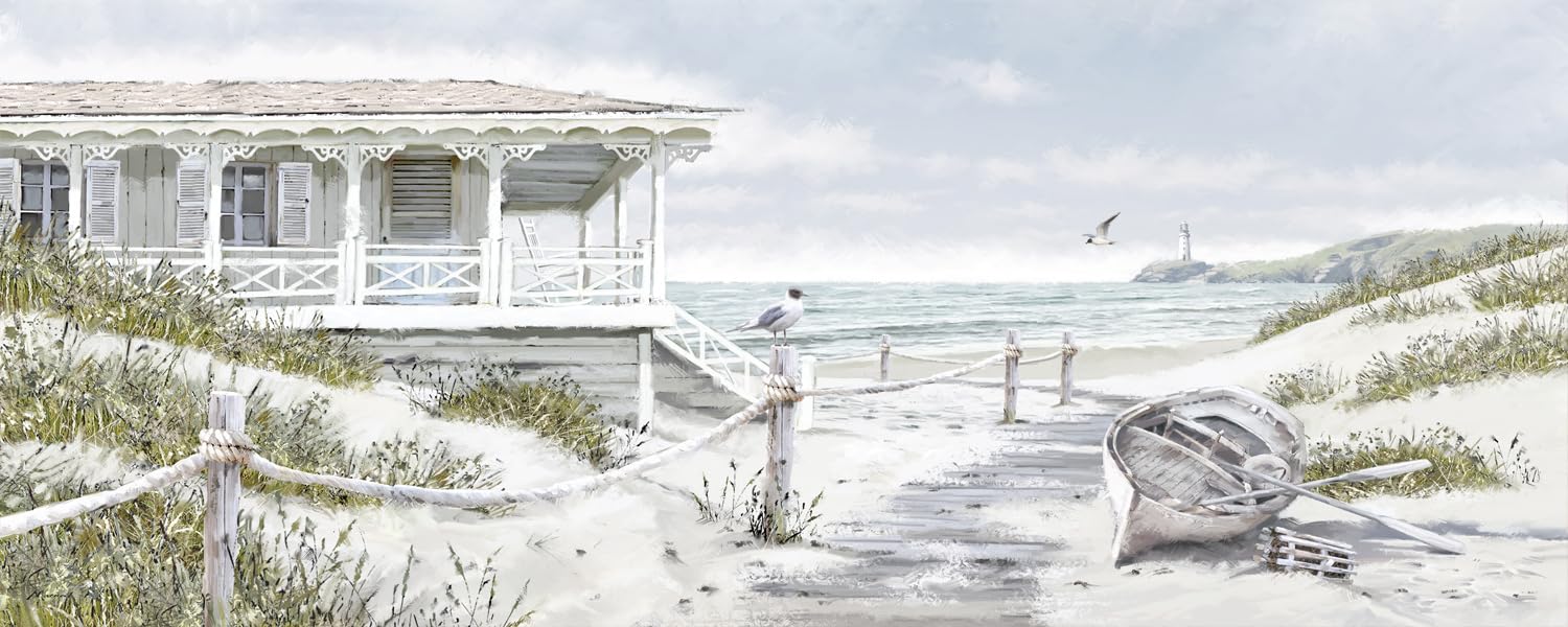 STYLER Obraz na płótnie Beach House 60 x 150 cm I morze biały domek plażowy, motyw plaży, obraz do salonu, sypialni, jadalni, XXL, duże płótno, dekoracja ścienna, format poziomy, długi, wąski