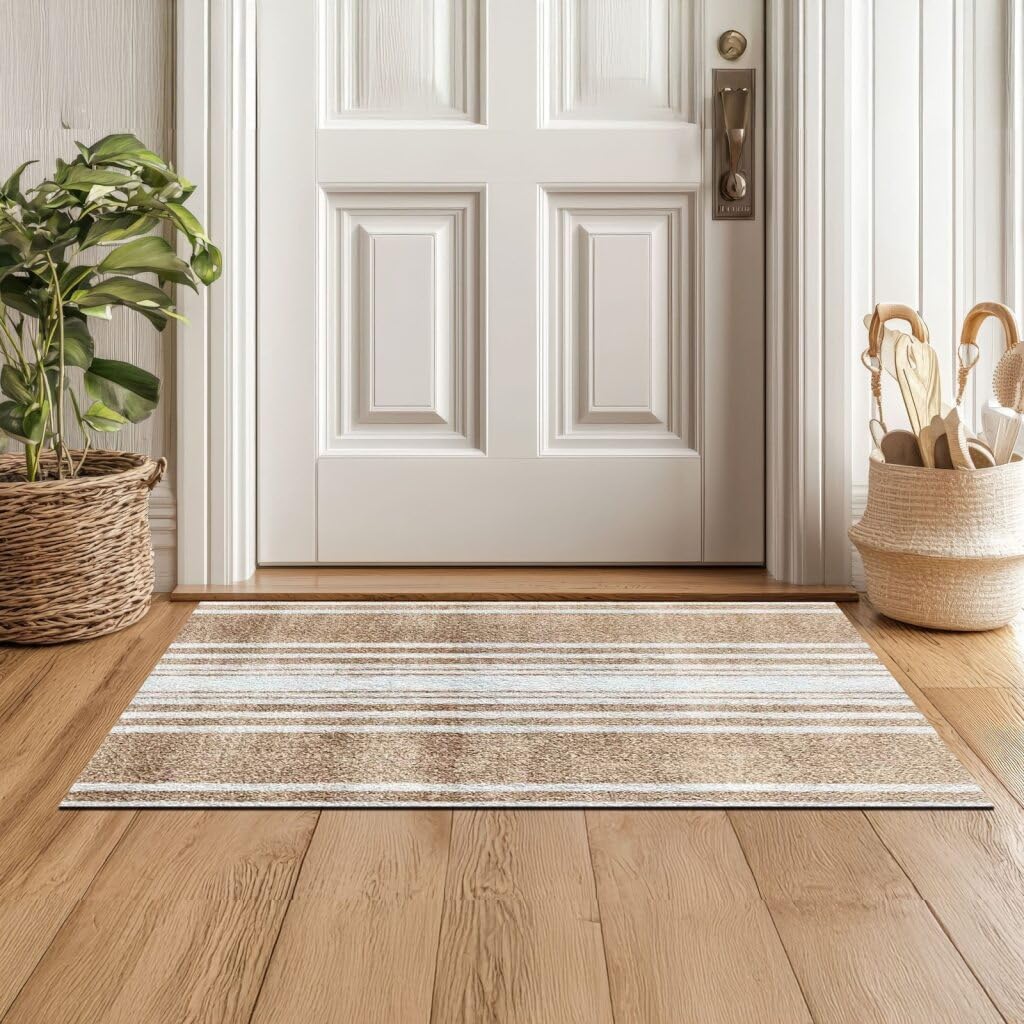 Wash + Dry Linen Striped 2x3 One-Piece Washable Rug with Rubber Backing, Small Mat for Entryway, Kitchen, Bathroom, Non-Slip Indoor Doormat, Washable Entryway Rug, Pet Friendly, Tan and White Stripes