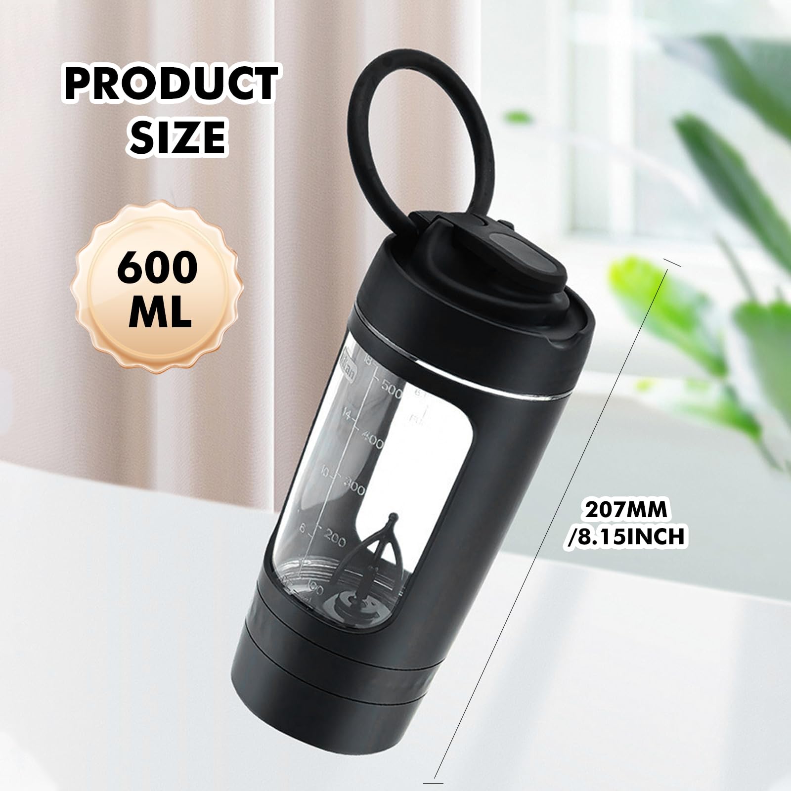Frullatore elettrico per proteine, frullatore elettrico per albumi, misurino USB da 600 ml, potenti bottiglie da mix, misurino portatile, miscelatore USB C ricaricabile per sport e fitness (Nero)