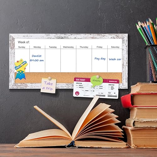 Miniatura 5 de Pizarra blanca magnética semanal de borrado en seco y tablero de corcho, marco de madera blanca, superficie magnética para oficina en casa y