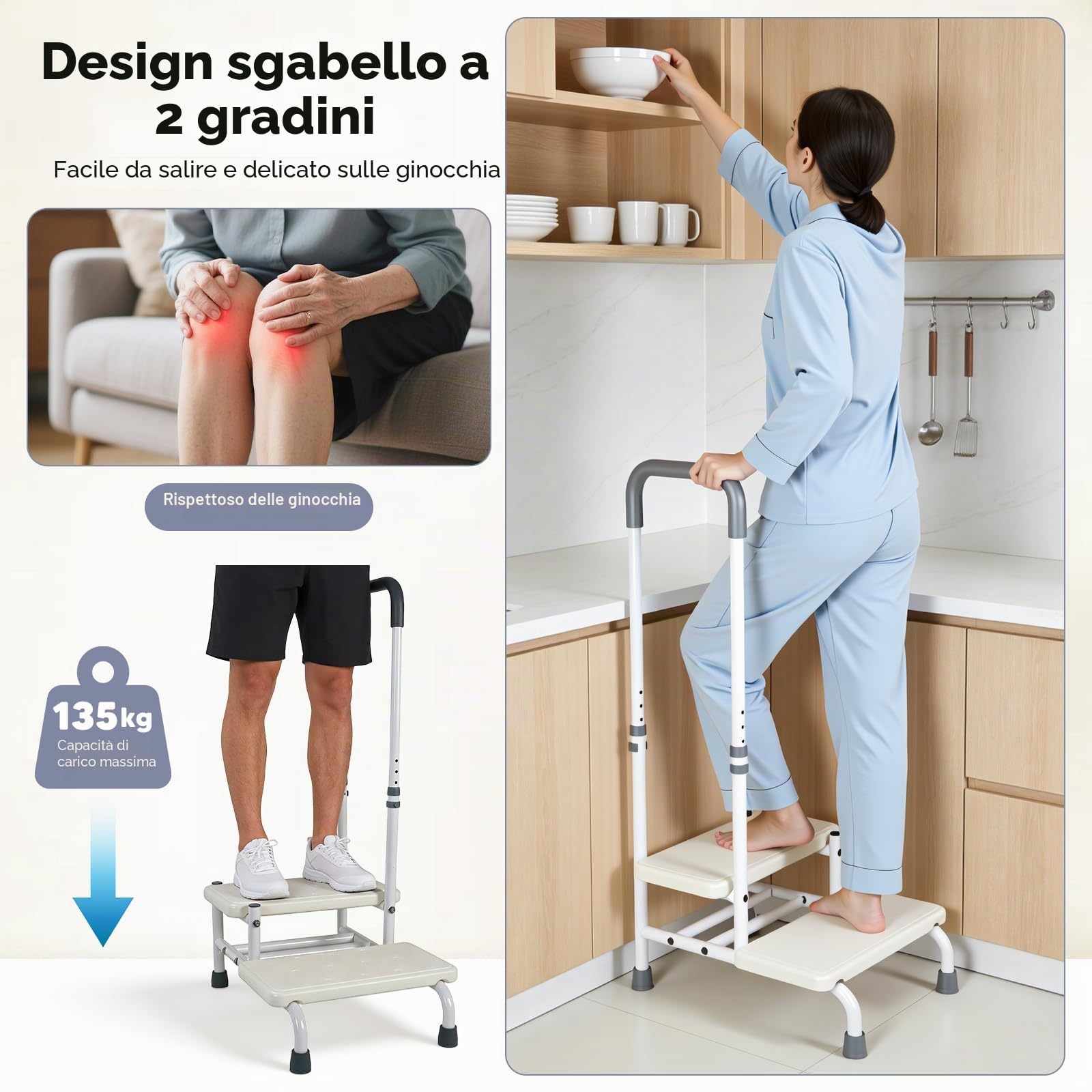 Sgabello con Gradino con Maniglia - Gradino di Sicurezza Mobile con Bracciali Regolabili e Scale Antiscivolo a 2 Livelli, Fino a 135kg, per Anziani e Disabili e Bambini, Letto, Vasca