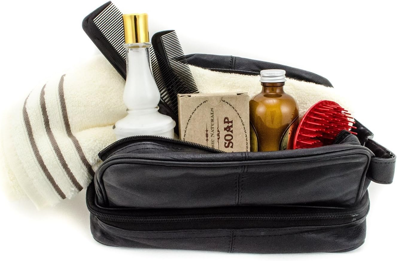 RAS WALLETS Mens Ladies Large Genuine Leather Travel Overnight Wash Gym Toiletry Cosmetic Shaving Bag with Carry Handle 3530 (Black) - Image 5