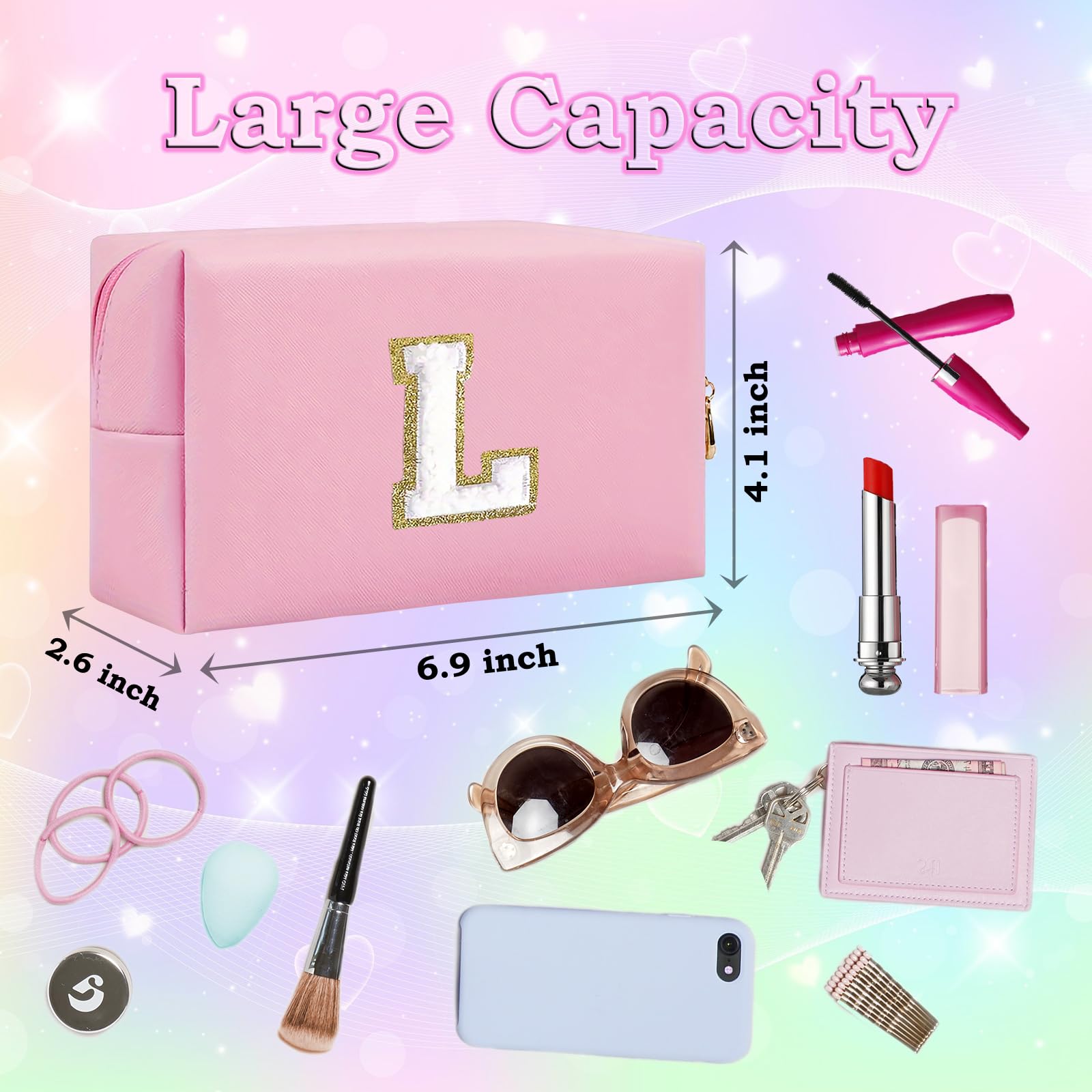 Small Personalized Initial Letter Makeup Bag, Cute Waterproof PU Leather Chenille Letter Cosmetic Bag Travel Makeup Bag, Preppy Makeup Pouch Toiletry Zipper Pouch Organizer for Women and Girls — view 4