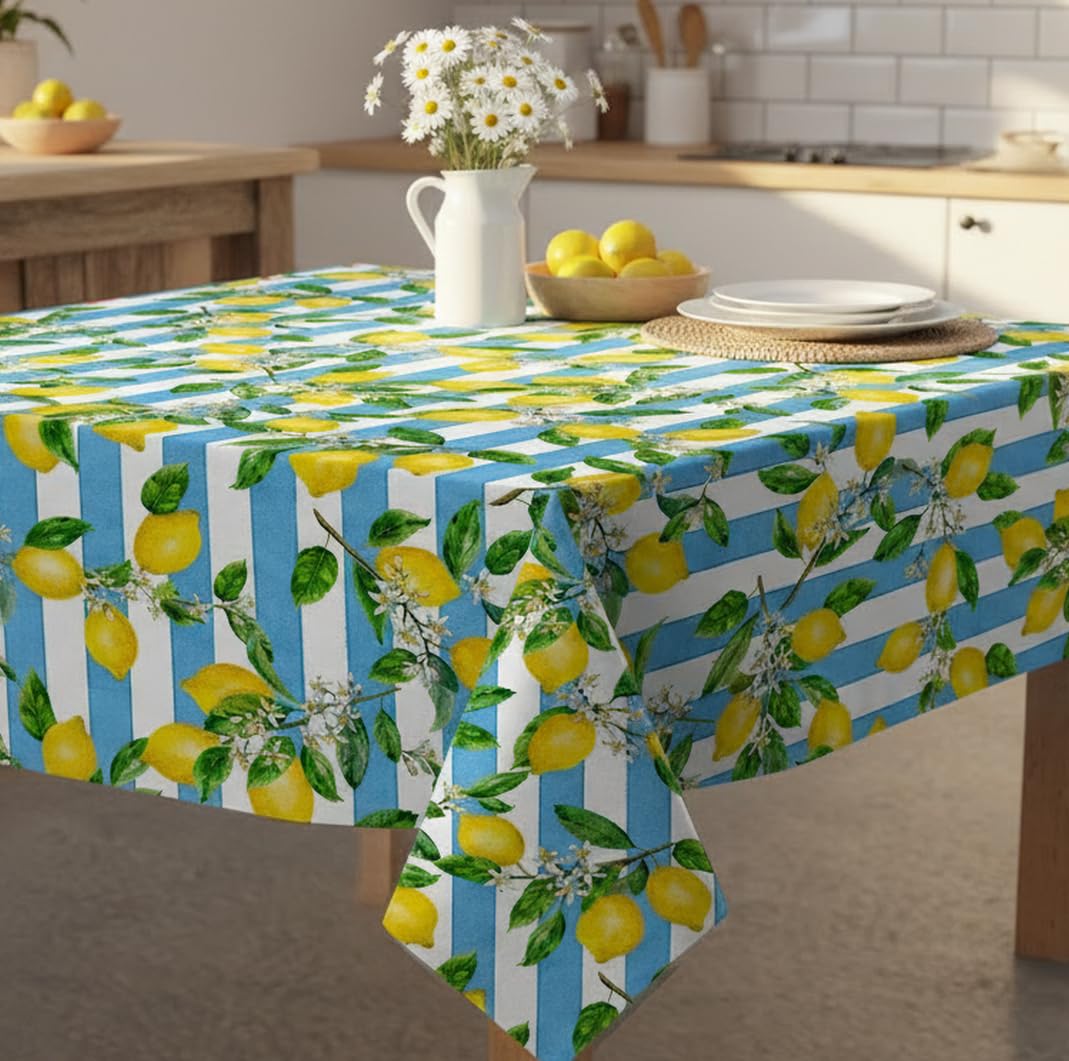 Vilber, Mantel, Corte de Tela de Algodón/Poliester de Fibras recicladas. Resinado, Antimanchas, Impermeable, para Interior y Exterior. Lemons.3159 (140x300 cm)