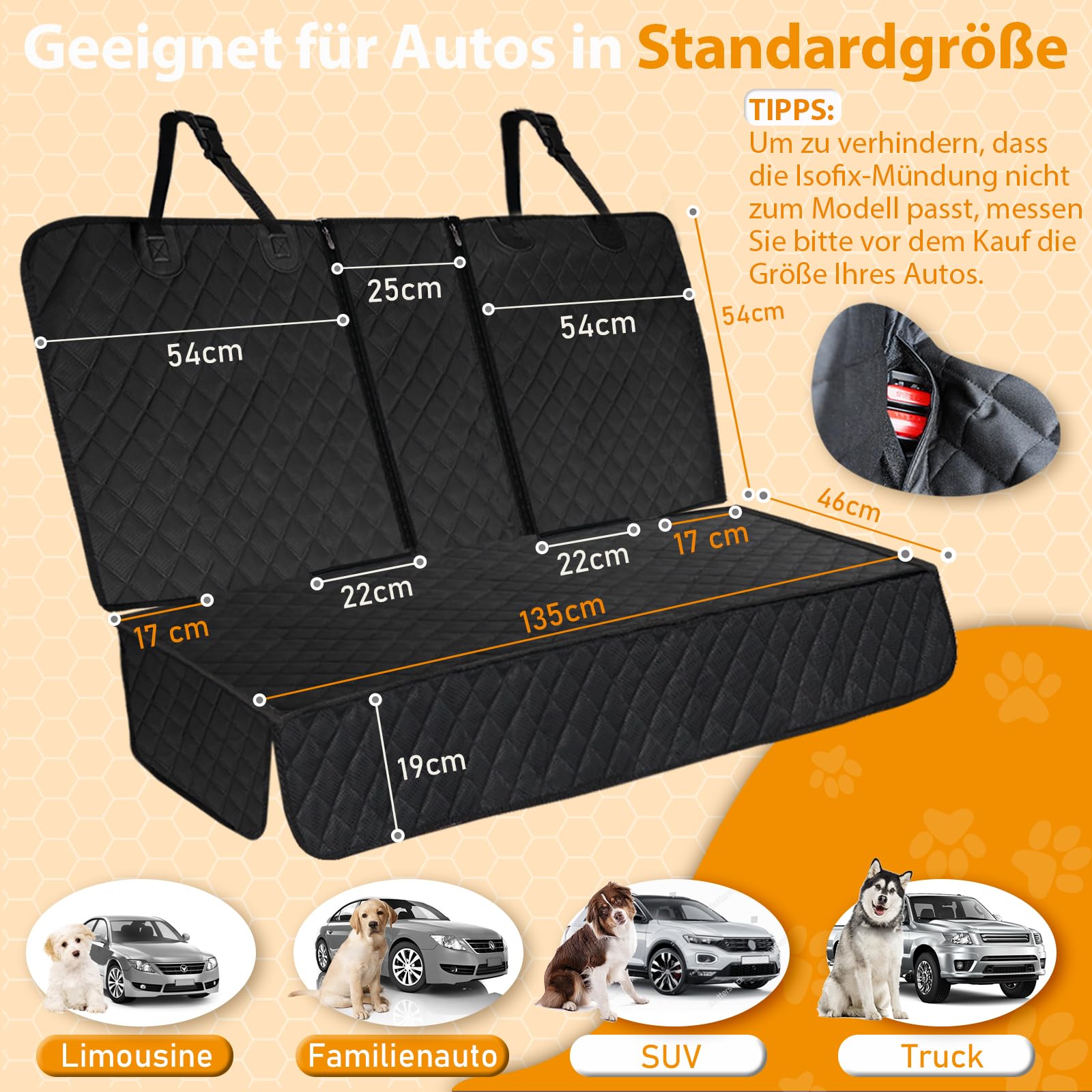Angooni Auto Hundedecke Rücksitz - Hundedecke Auto Rückbank mit Isofix für Kindersitz (135×120cm) - Wasserdicht, Rutsch, Kratzfeste Hundeschutz Auto Rückbank - Rückbank Hundeschutz Universelle