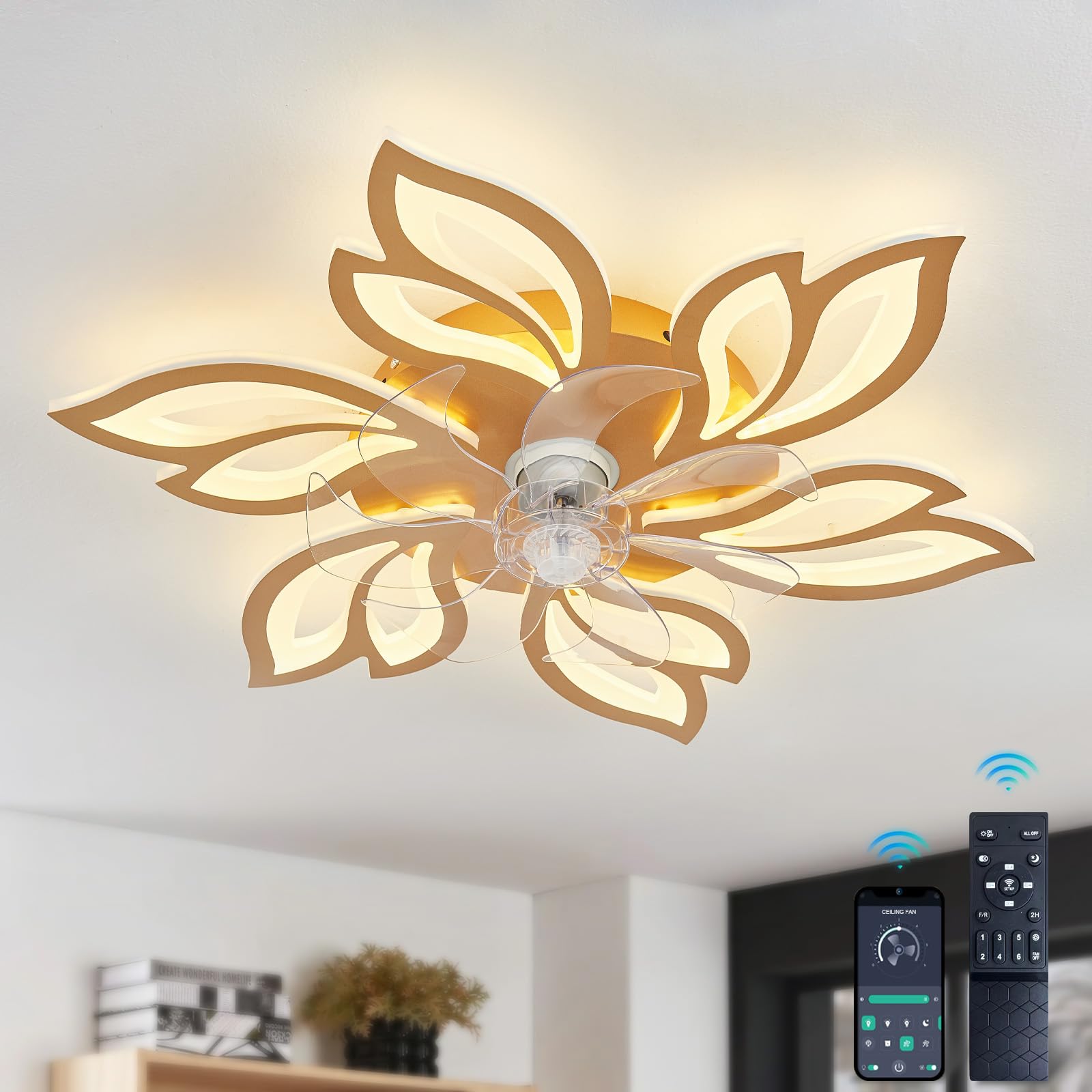 YFouCnd I 25.5" Modern Ceiling Fans with Lights and Remote Control, Dimmable 3000-6500K Silent DC Motor Reversible 6 Speeds Led Ceiling Fan Light for Bedroom Living Room Lounge Ceiling Fan Lamp-Gold