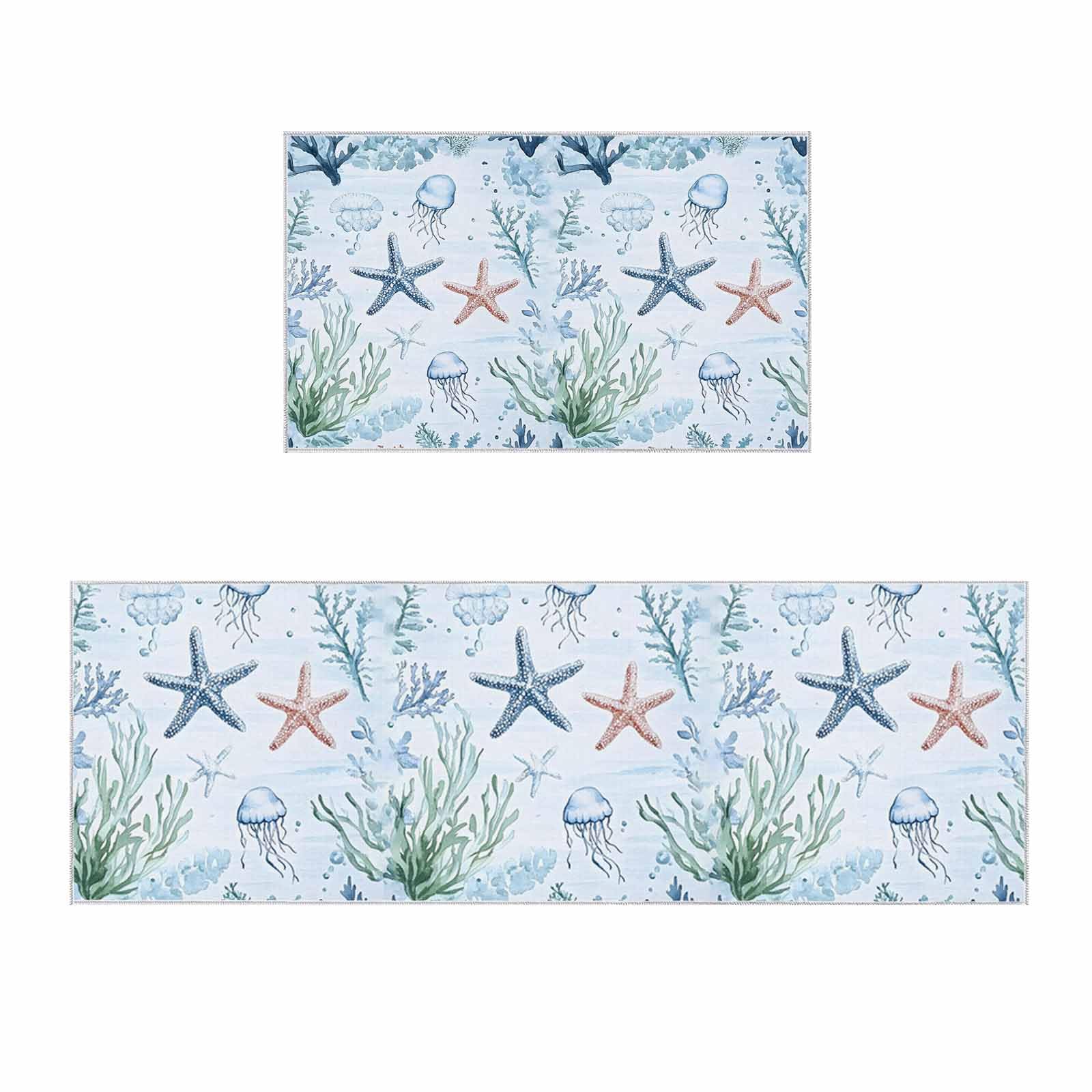 2 Pieces Kitchen Rugs and Mats,Summer Ocean Starfish Jellyfish Coral Area Runner Rug Set Non Slip Floor Doormat Washable Carpet Standing Mat for Kitchen Sink Indoor Corridor,Coastal Marine Creature