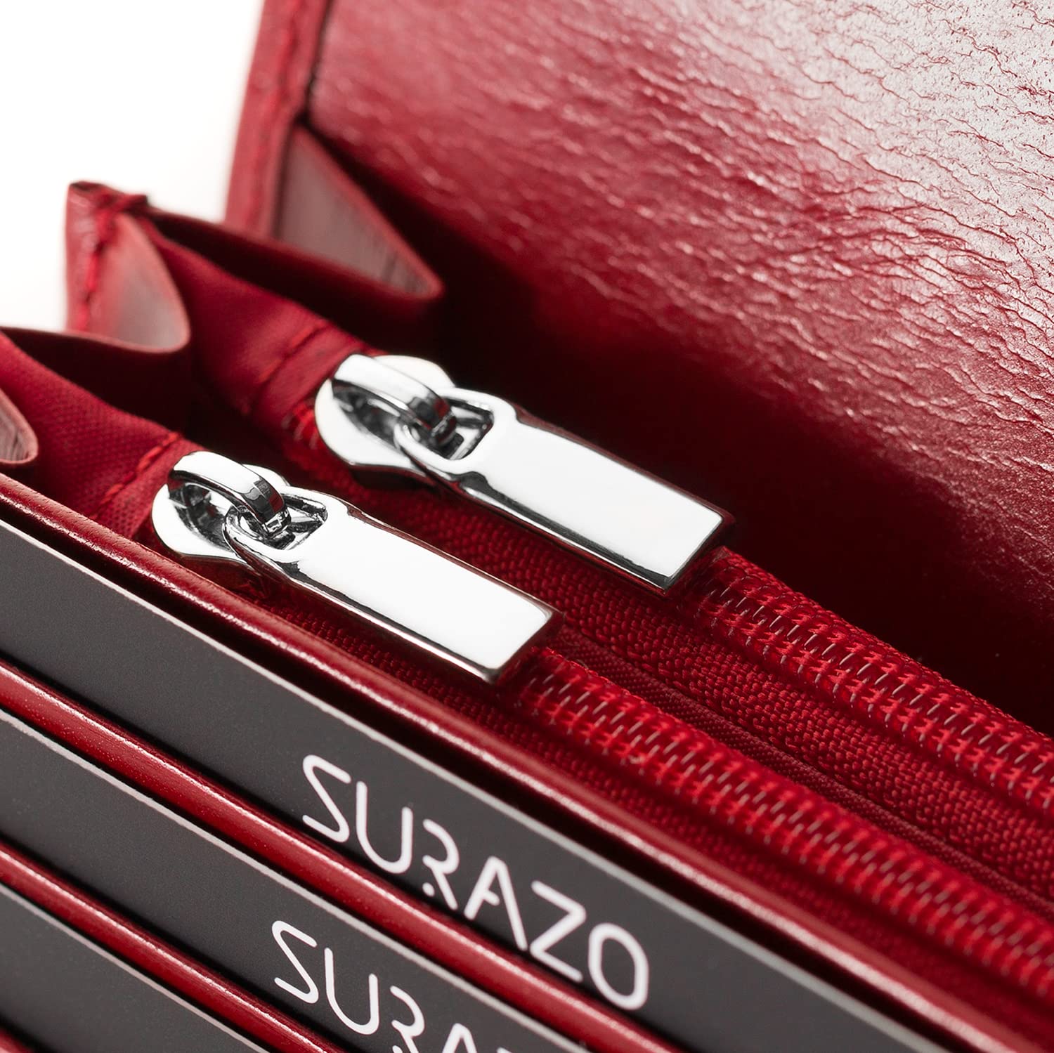 SURAZO® Skórzany portfel damski, duży, wiele przegródek, duży portfel z 12 przegródkami na karty [ochrona RFID], skórzany portfel damski, portfel damski z klapką, czerwony, XL