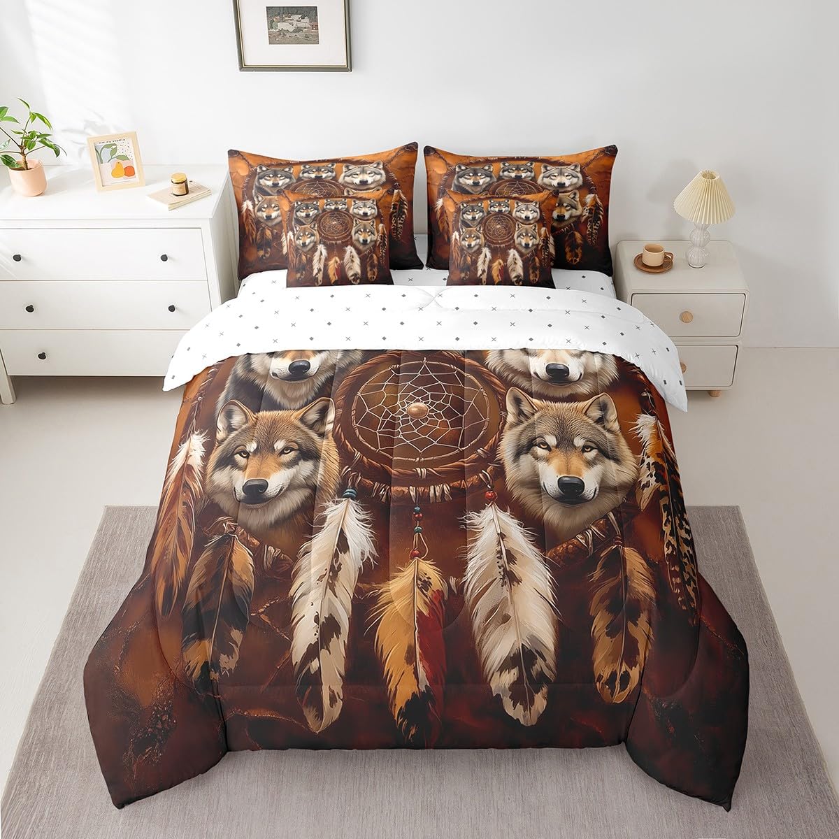 Feelyou Wolf Comforter Set with Sheets Queen Size Dark Brown Bed in a Bag for Boys Girls Teens Dreamcatcher 7 Pieces Bedding Set Indian Hippie Feather
