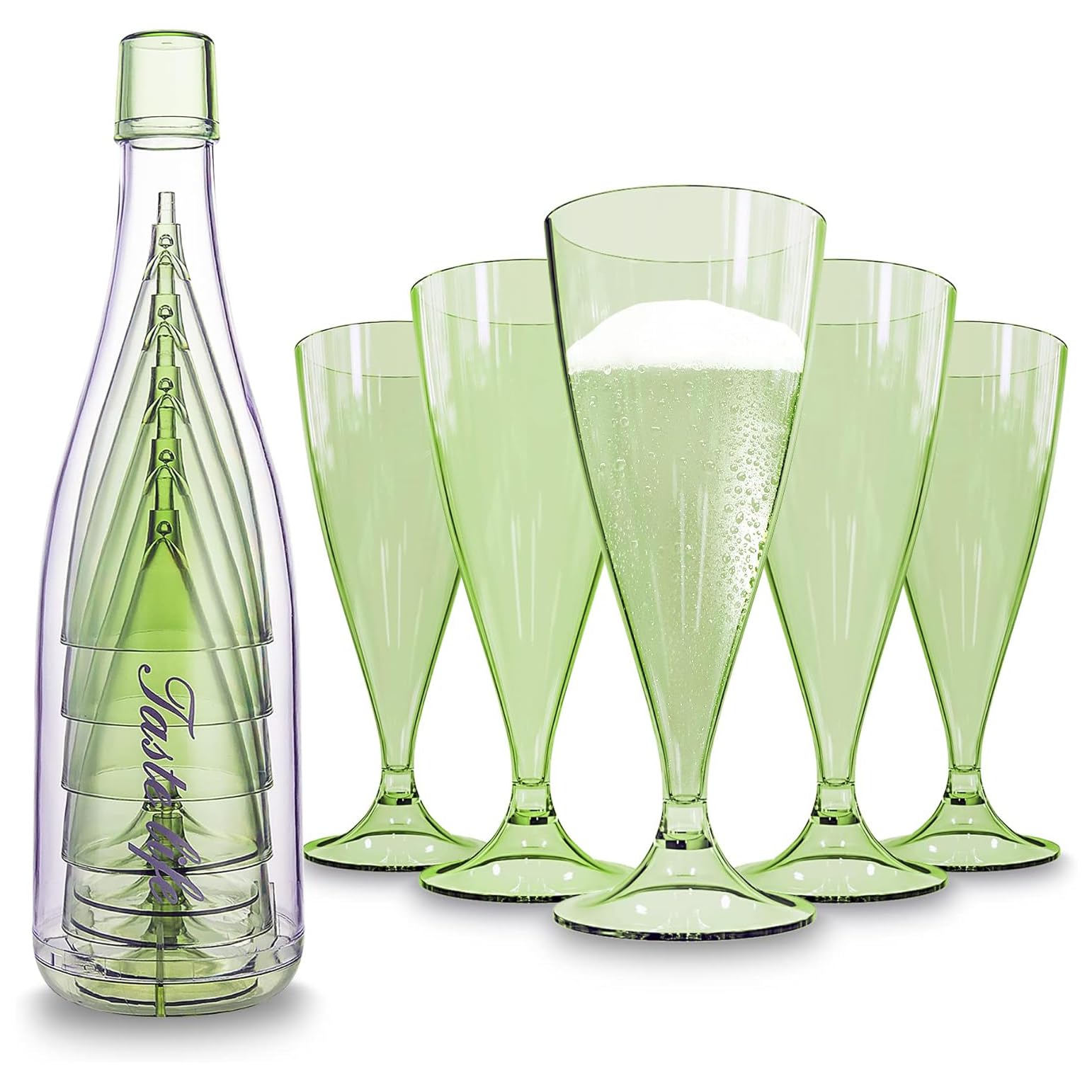 XIBO Plastic Wine Glass, Set of 5 Portable Wine Glasses Camping Champagne Glasses Plastic Reusable Wine Glasses with Storage Bottle and Drip Tray Stackable and Removable (Green) - Image 9 thumbnail