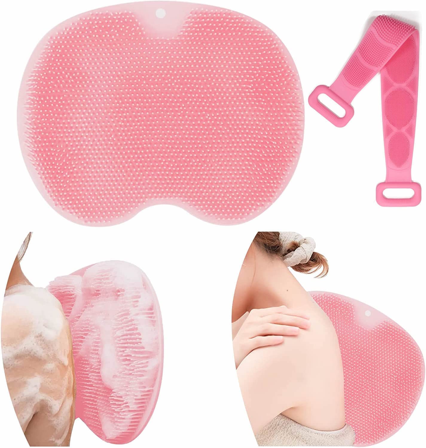 Wicofen Back Scrubber for Shower, Body Scrubber Mat with Suction Cup for Bathroom Walls, Hands-Free TPE Massager, Non-Slip Foot Pad to Remove Dead Skin with Silicone Back Scrubber(All 2Pcs) (Pink)