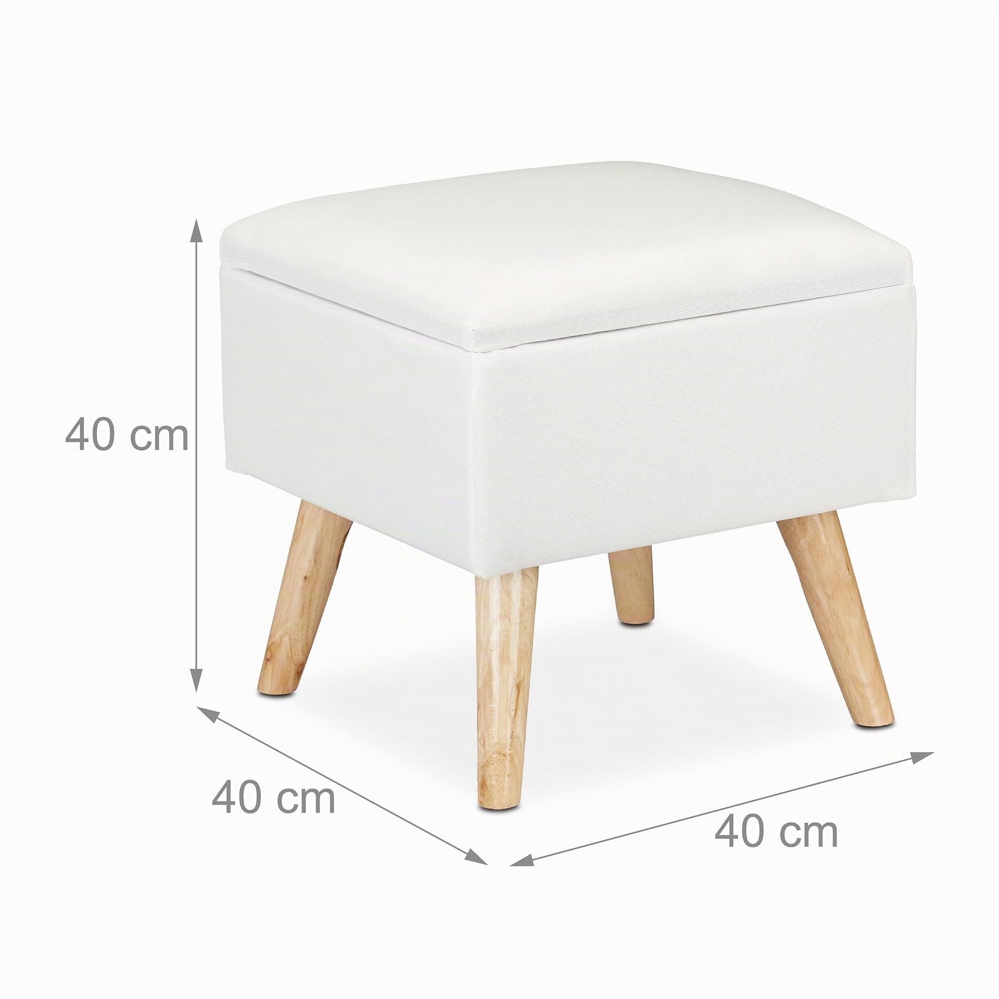 Relaxdays 10029605_49 Tabouret avec Espace de Rangement, rembourré Lin Artificiel, Pieds en Bois, Couvercle, HlP 40x40x40cm,Blanc, MDF, Tissu, 1
