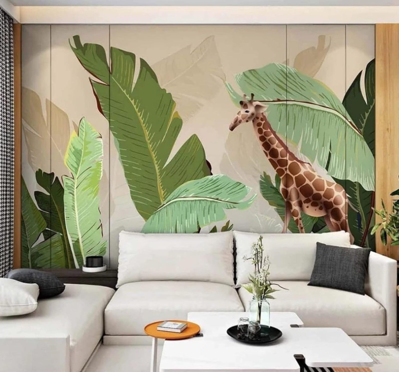 XLMING Fresh Green Banana Leaves Animals Giraffe 3D Wallpaper Luxury Silk Study Dining Feature Sofa Grey Bedroom Living Room Tv Decorative Wall-150cm×105cm