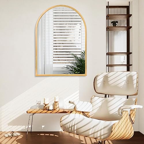 Miniatura 230 de Espejo de pared arqueado negro con marco de aleación de aluminio, espejo de baño de metal cepillado, espejo montado en la pared para sala de estar