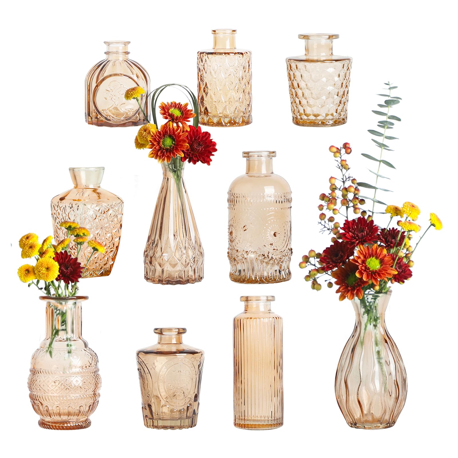 Wsomeso Glass Bud Vases Set of 10 Pcs, Amber Bud Vases in Bulk, Small Vases for Flowers, Vintage Glass Vases for Centerpieces, Cute Mini Flower Vases for Weddings, Home Decor, Table Decoration