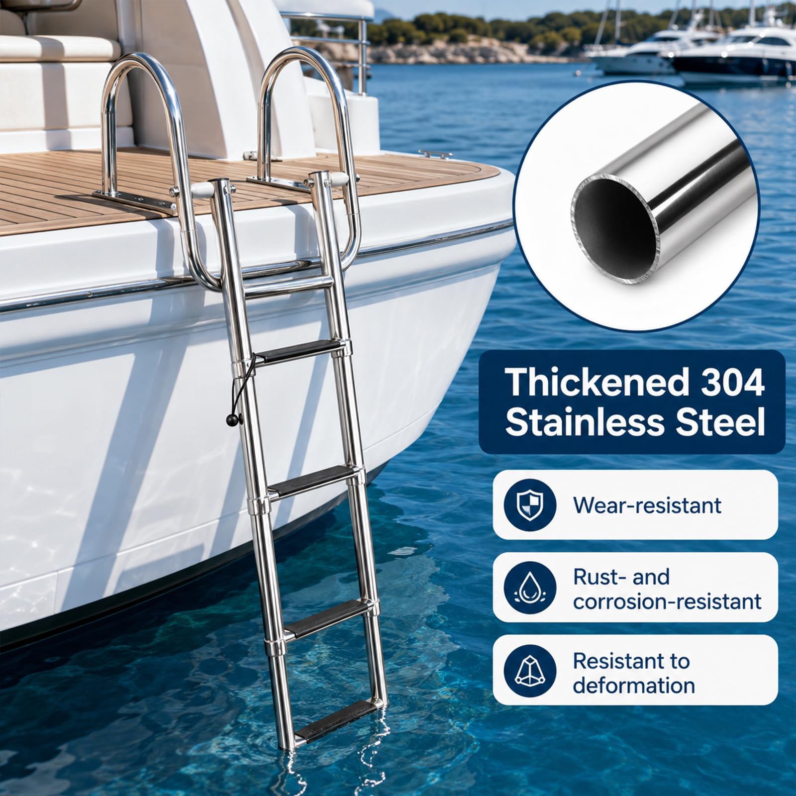 Scaletta per Piscina con 4 Gradini in Acciaio Inox, Scaletta da Barca Pieghevole e Telescopica con Corrimano e Gradini Antiscivolo, per Yacht, Pontone, Molo e Dock, Portata fino a 227kg（S）