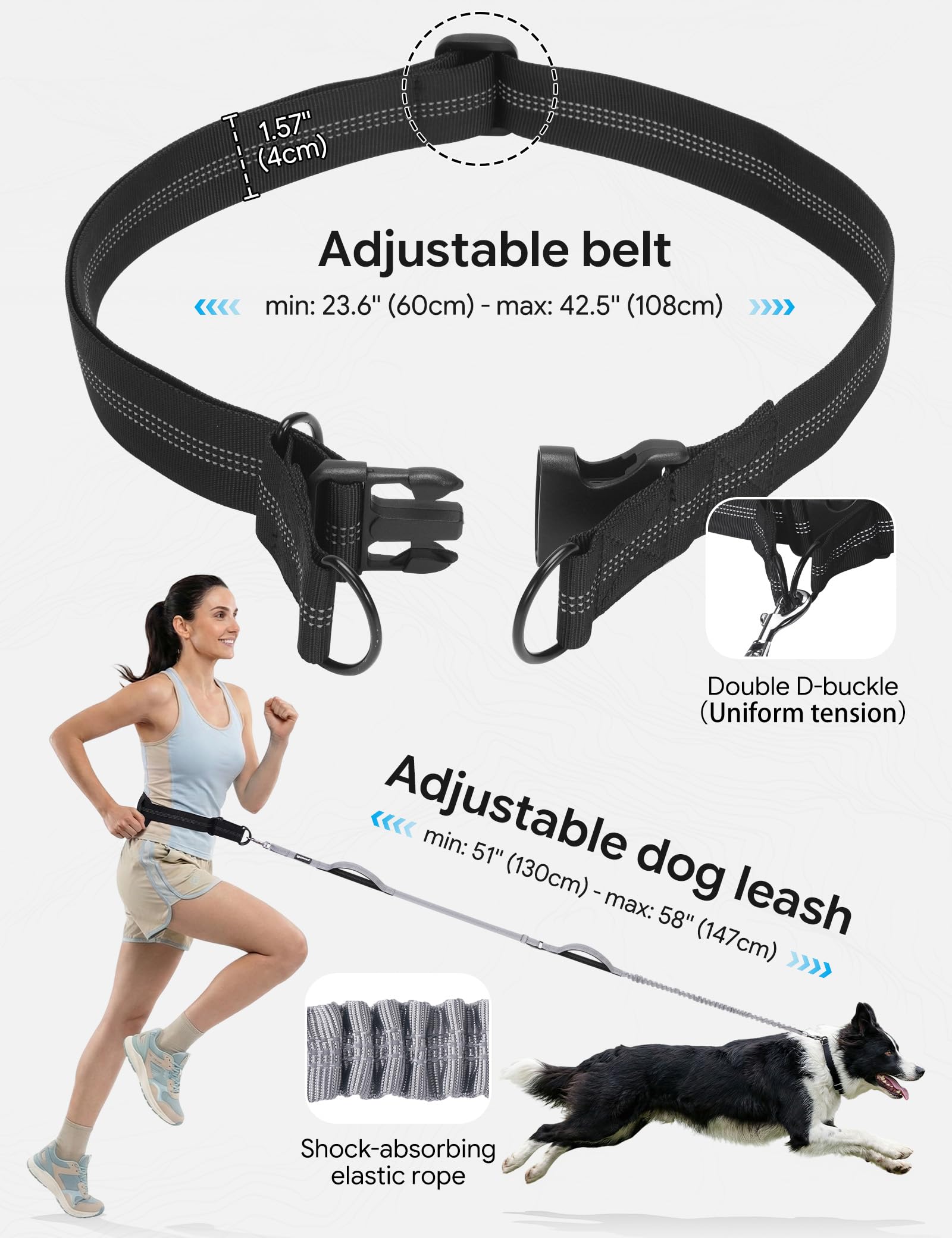 Pecute Guinzaglio Mani Libere per Cani con Borsello, Media/Grande 15-55kg | Guinzaglio Vita Anti Tiro con Corda Elastica, Doppio Manico Riflettente per Corsa Jogging Addestramento