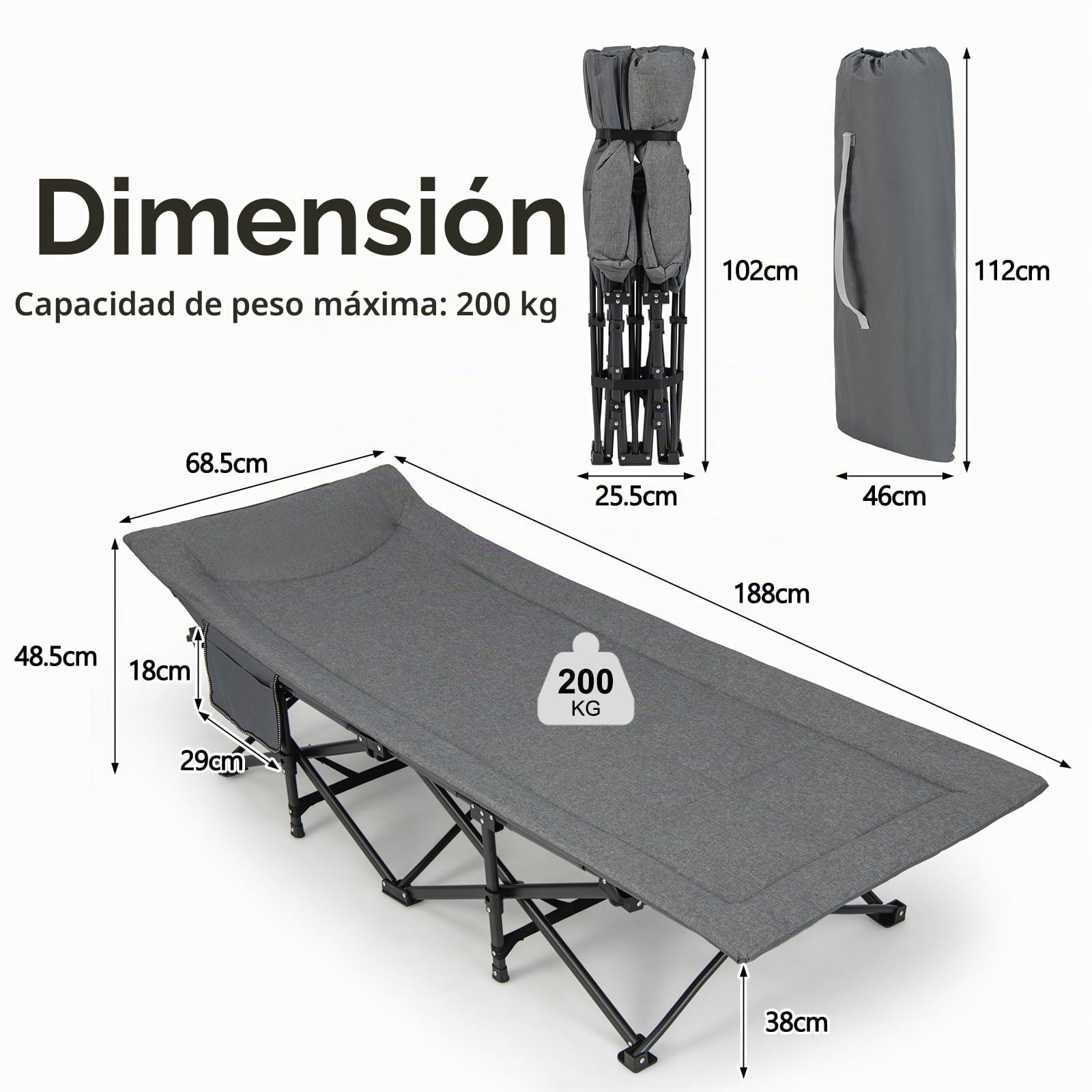 KOMFOTTEU Cama de camping con bolsa de almacenamiento, de tela Oxford y metal, cama de camping plegable 190 x 68 x 48,5 cm, cama de campo XL portátil, antideslizante, soporta hasta 200 kg