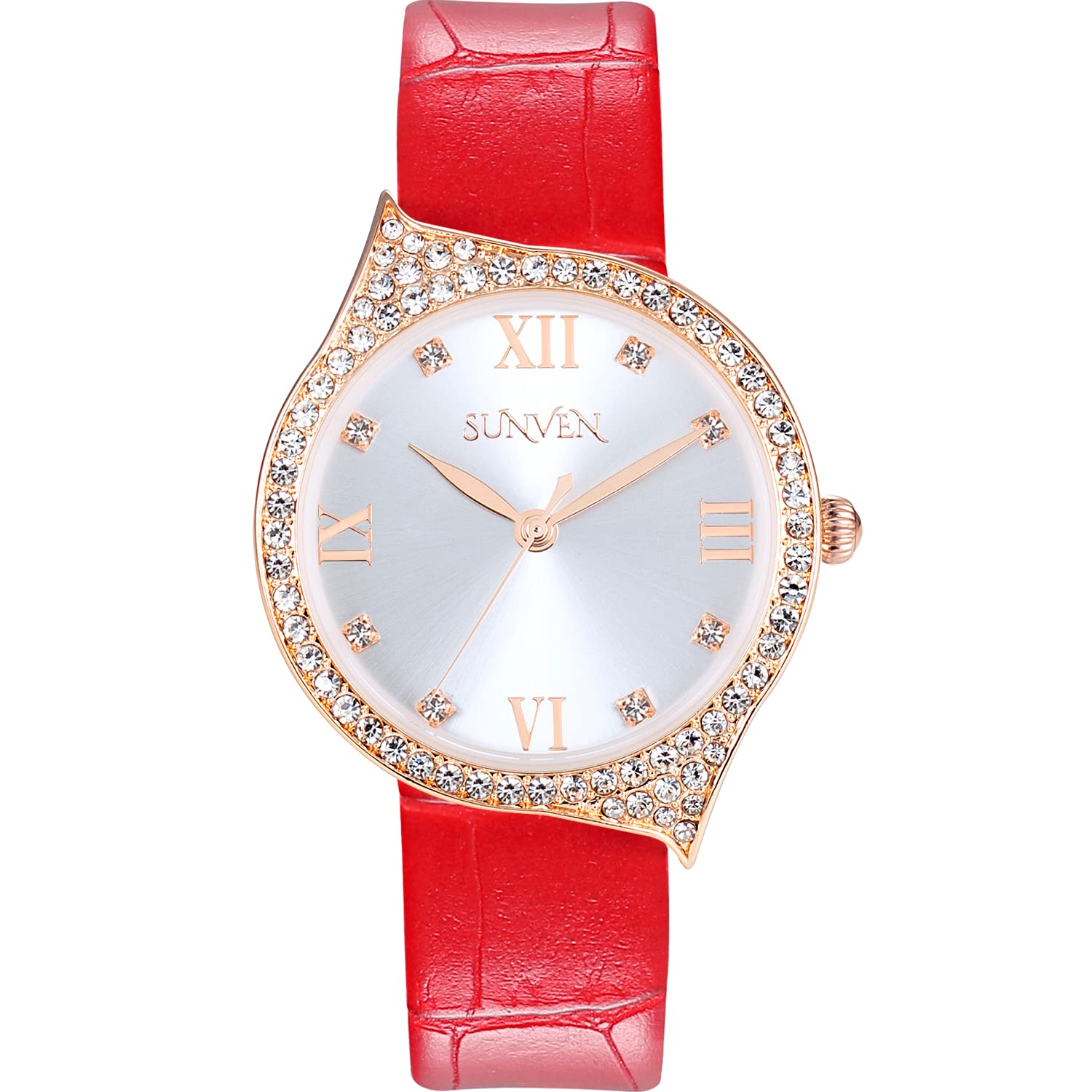 SUNVENWatch Women Bling Diamond Quartz Wrist Watch for Ladies Rose Gold with Red Leather Band