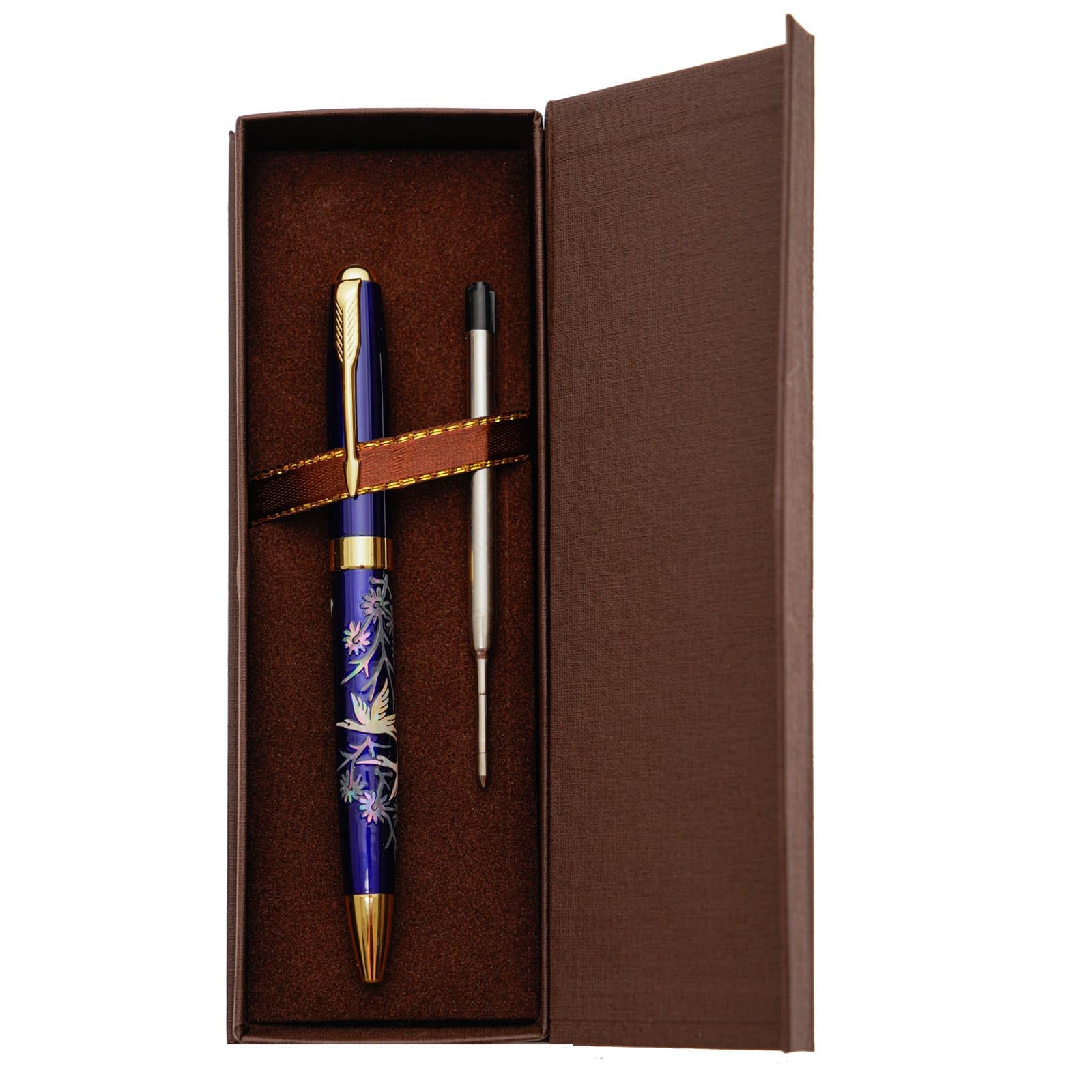 February Mountain Mother of Pearl Ballpoint Pen, Retractable Ballpoint Pens, for Gift, Business, Office, 1.0mm Medium Point Black Ink, Extras Replaceable Metal Refills (Crane-Blue-Black Ink)