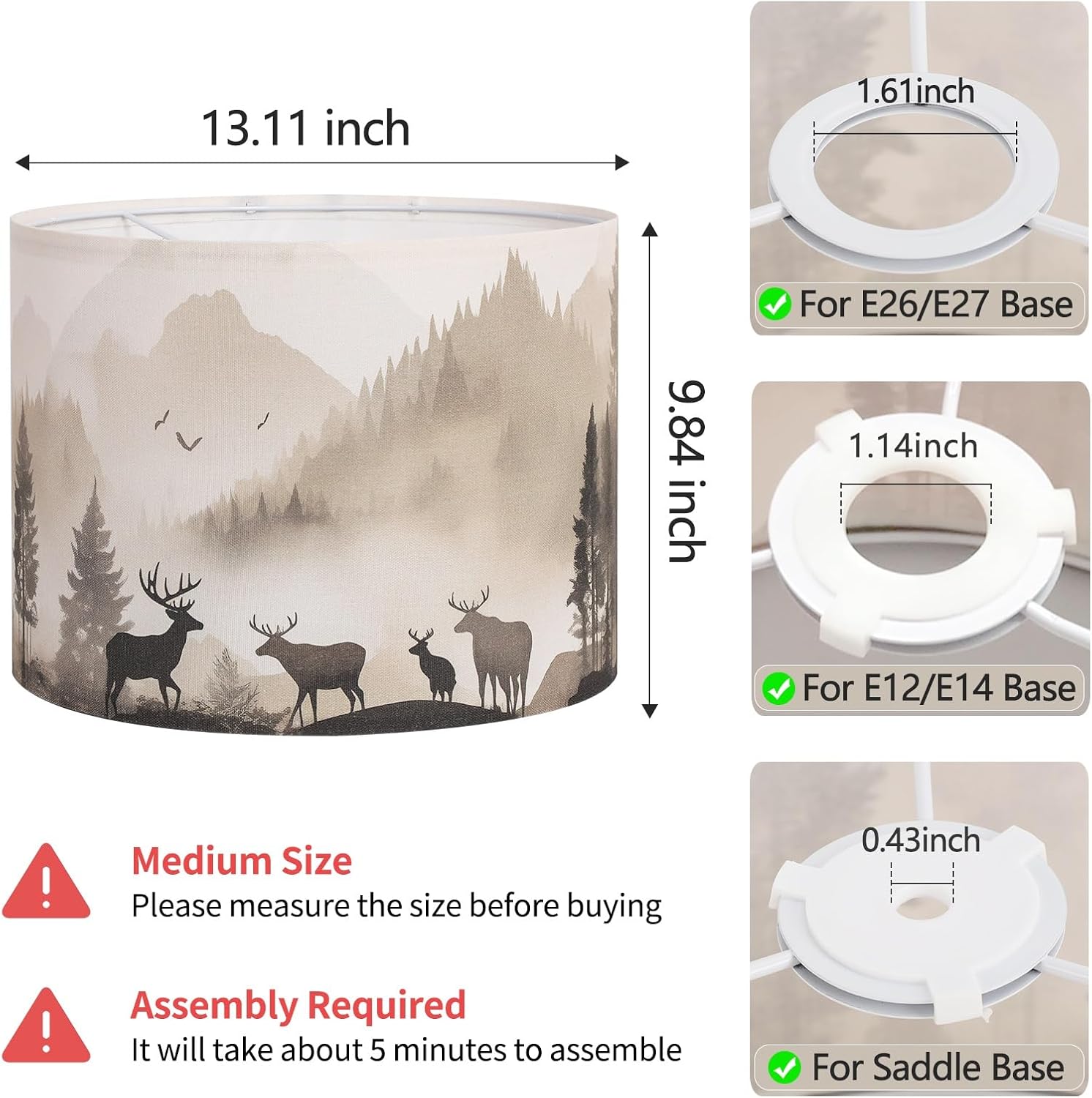 Fabric Lamp Shades, 13x13x10in Drum Lamp Shade, HD Printing Deer and Forest Lampshade, Western Lamps Shades fit with Spider, Rustic Farmhouse Lamp Shades for Table Lamps, Floor Lamps (1 Pack)