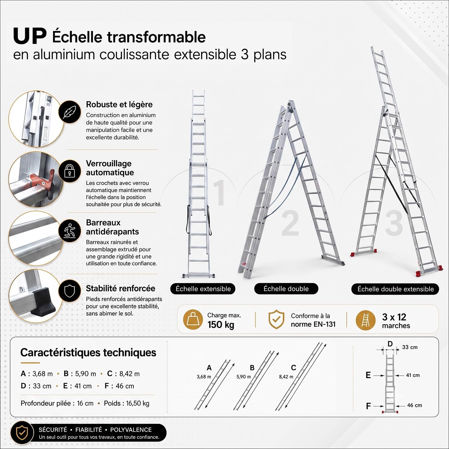 UP Echelle Transformable en Aluminium coulissante Extensible 3 Plans 12 marches