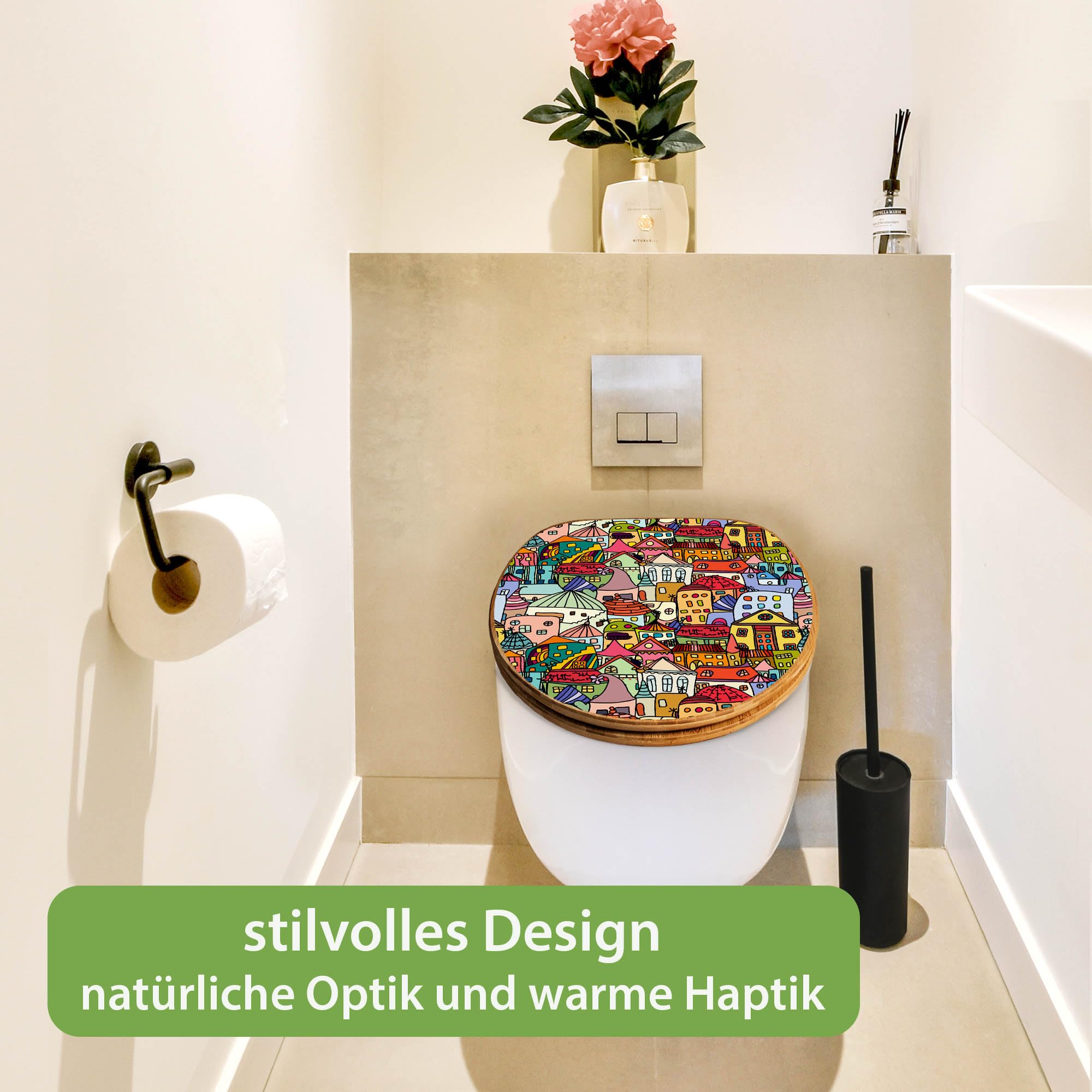 banjado Design WC Sitz Bambus Absenkautomatik 45,8x37,5cm - Toilettendeckel mit Absenkautomatik Holz - hochwertiger Bambus Klodeckel - WC-Sitz für gängigen Toiletten - Motiv Funky Town