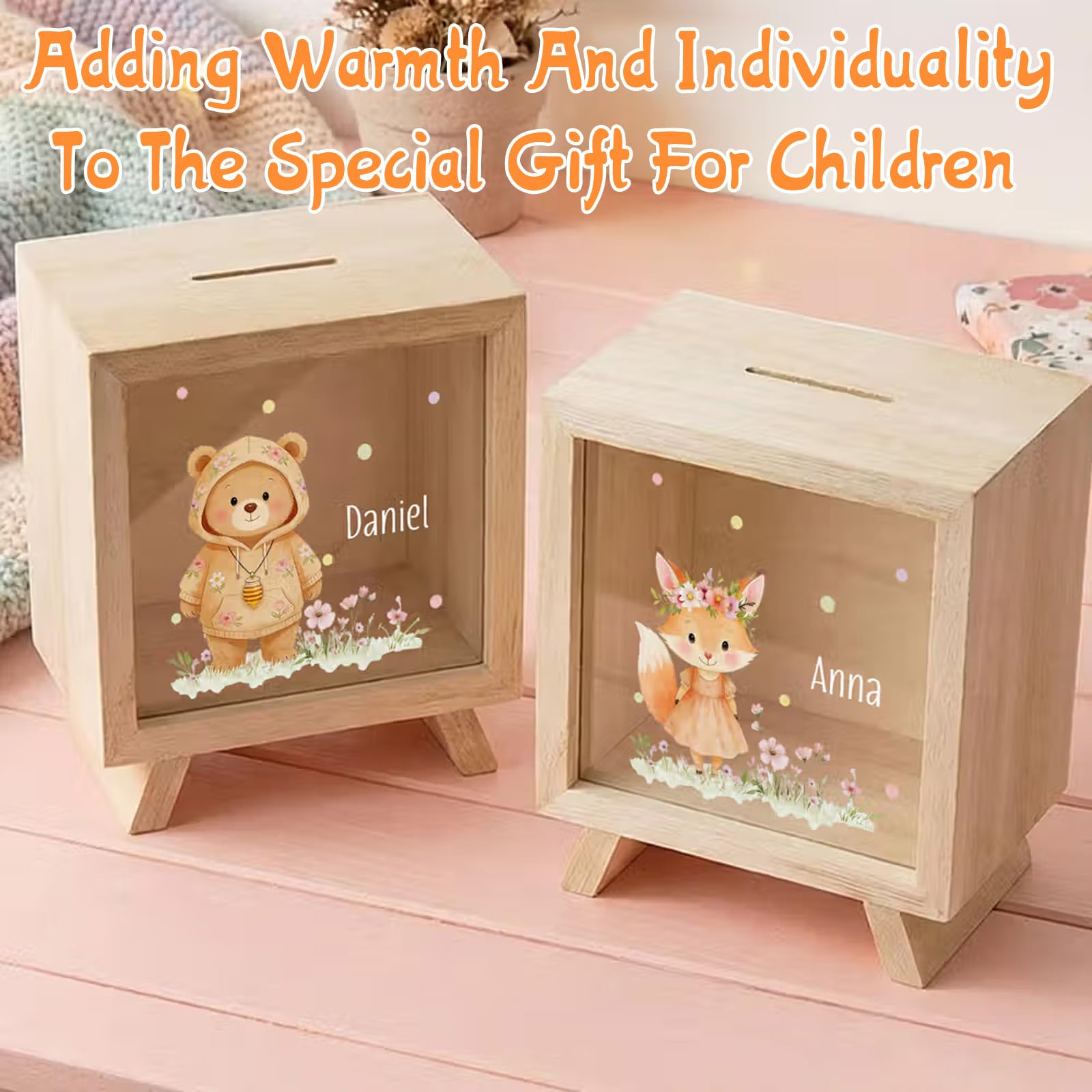 Personalisierte Holz-Sparschwein für Kinder,mit Blumen-Tieren (Hase, Bär),durchsichtige Box mit Name,Deko fürs Kinderzimmer,Geschenke zum 1.Geburtstag,Baby-Shower,Weihnachten,Ostern für Mädchen