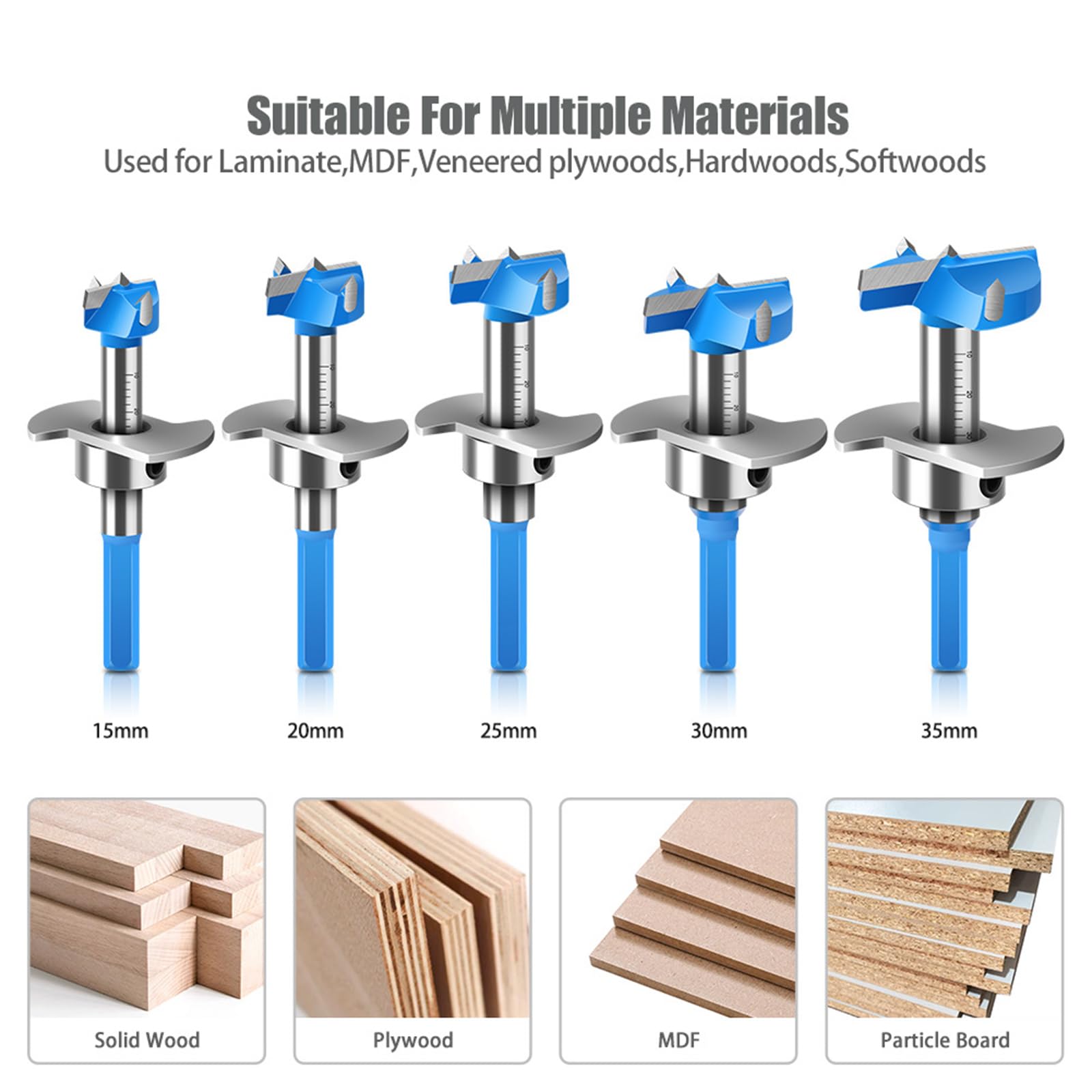 Set di 5 punte da trapano Forstner per legno, profondità regolabile, codolo esagonale per foratura precisa di cerniere da 15-35 mm, design esagonale antiscivolo