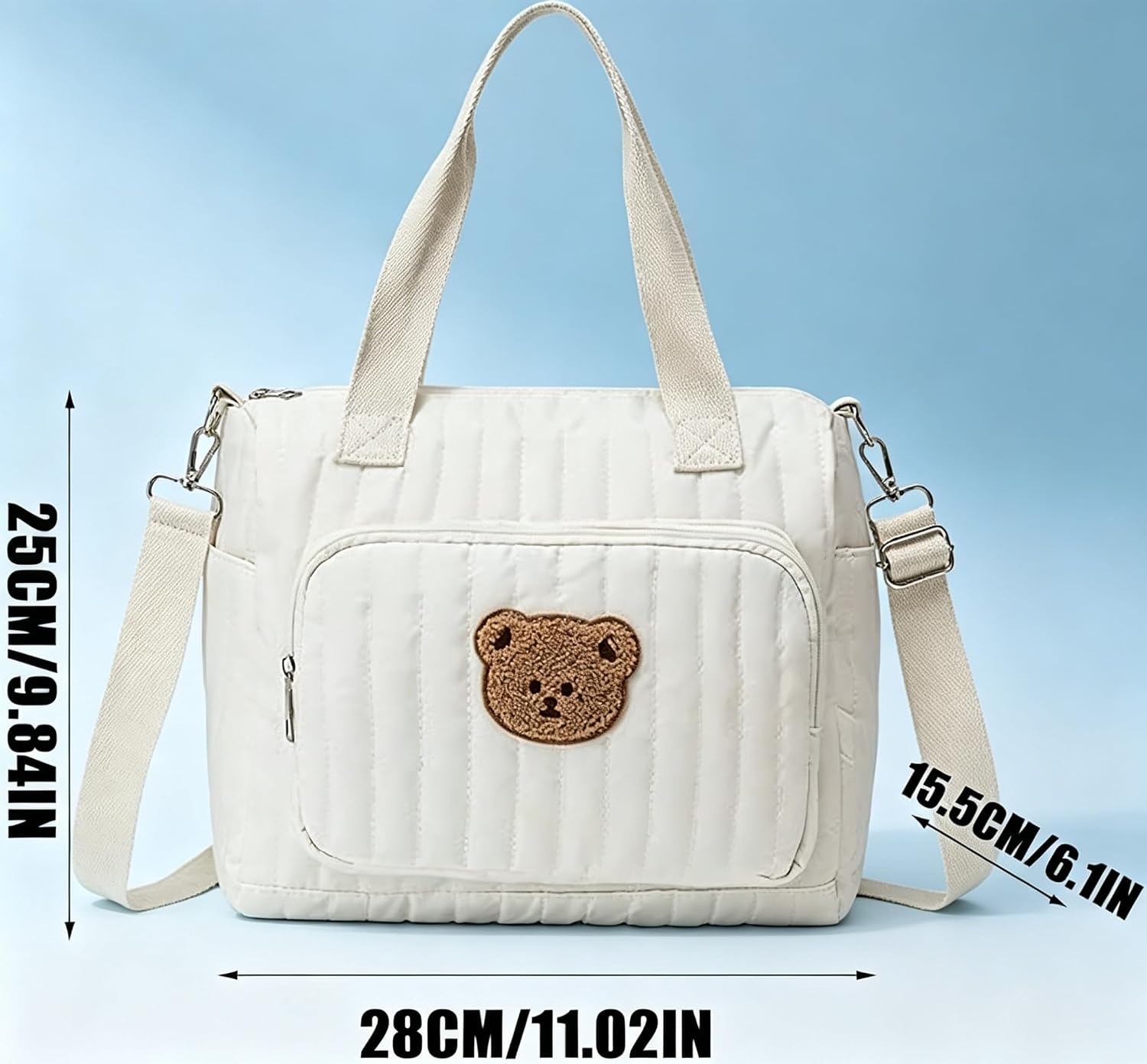 Bear Diaper Bag, Large Quilted Teddy Bear Bag, Diaper Tote Bag for Daily Essentials, Shoulder Diaper Organizer with Changing Mat & Bottle Pockets