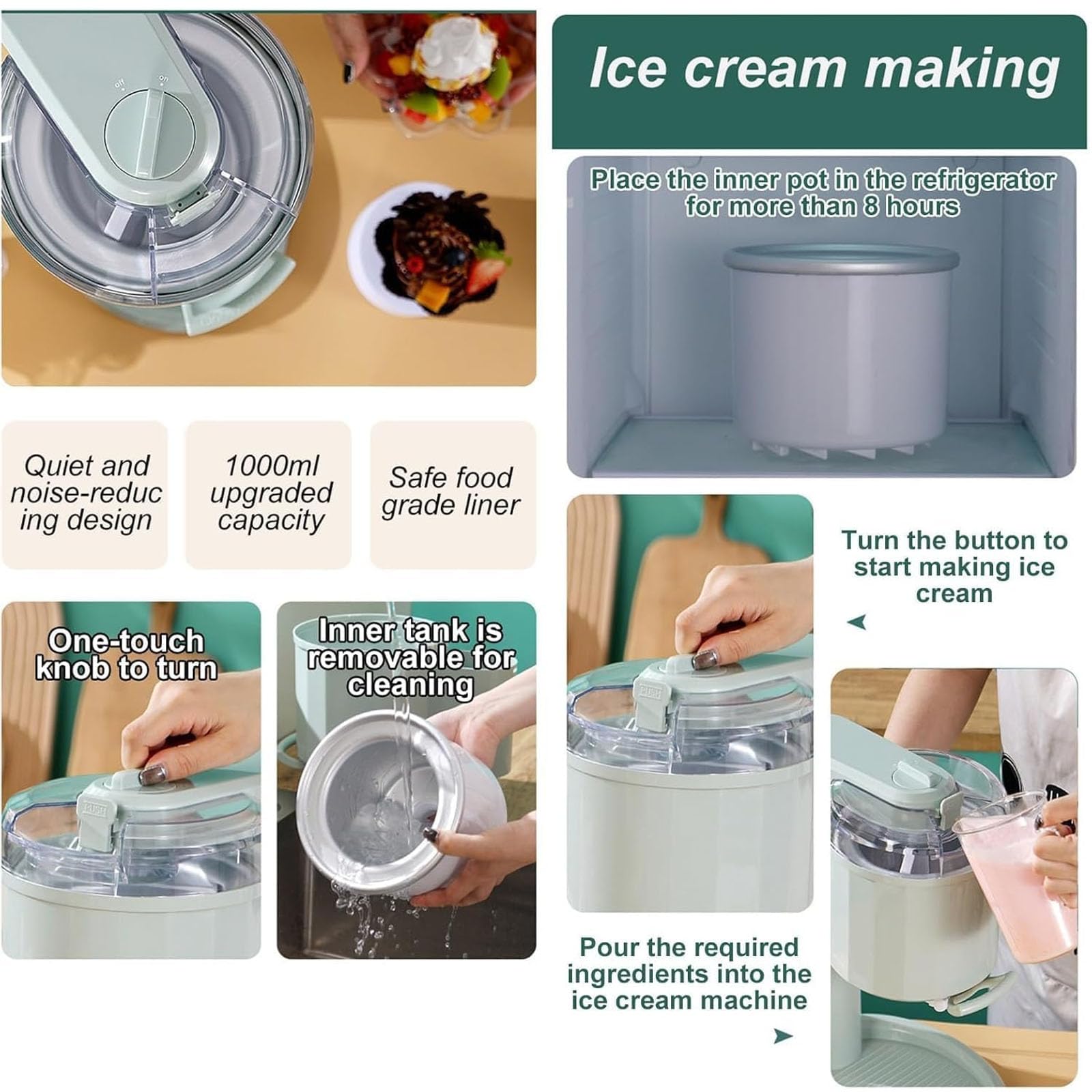 Máquina de helado suave para el hogar, mini máquina automática de helado y yogur, máquina rápida de servir frutas caseras en 10 minutos, capacidad de 1 litro