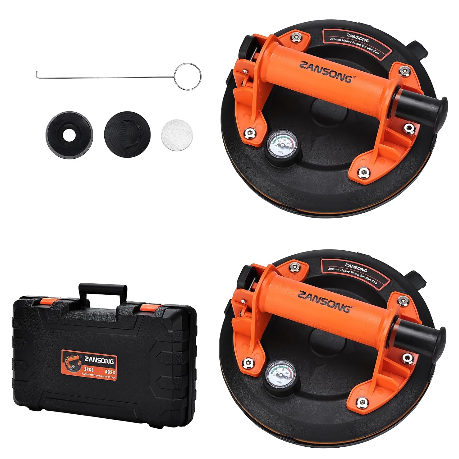 Heavy Duty Vacuum Suction Cup Lifter for Glass, Air Conditioner, Washing Machine, Refrigerator with Pressure Gauge(ZANSONG-3-orange2)