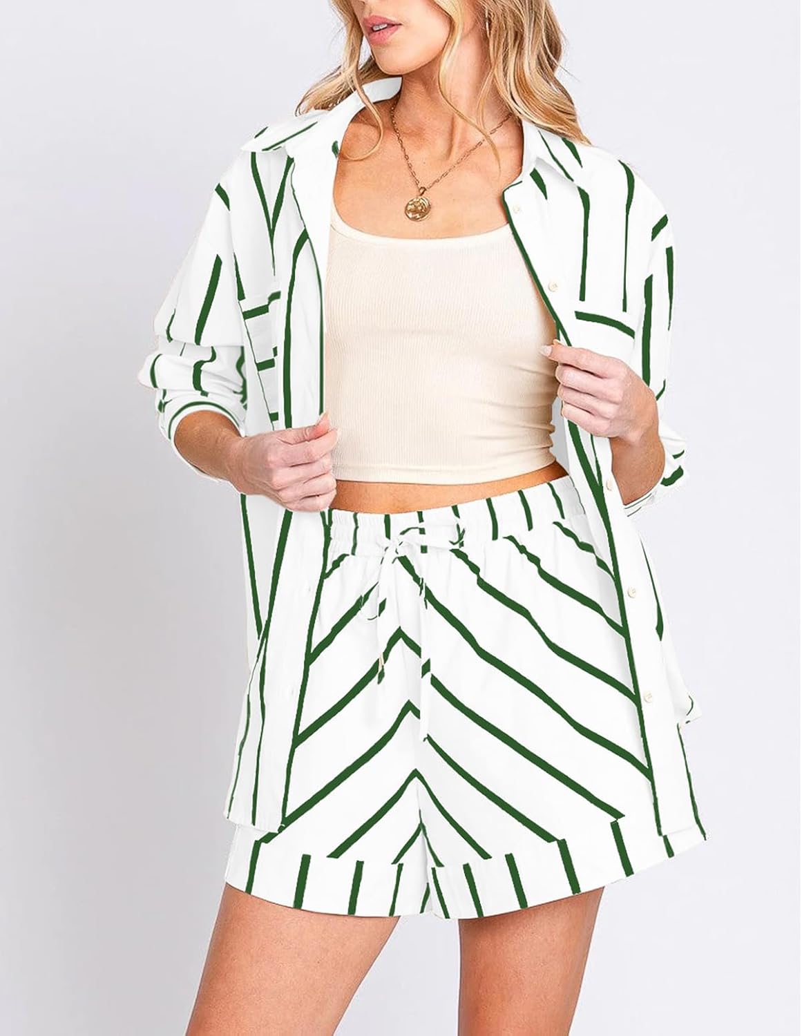 Women's Striped 2 Piece Outfits Casual Oversized Button Down Shirts and Short Lounge Pajamas Set - Image 5