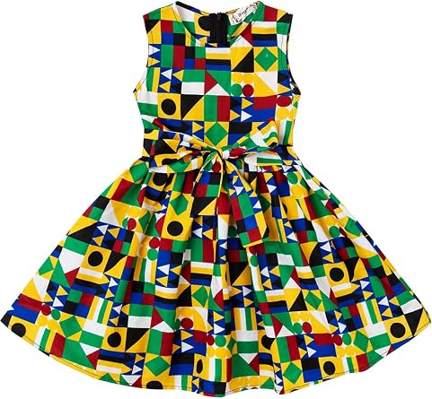 Girls African Sleeveless Tie Waist Vintage Print Dresses