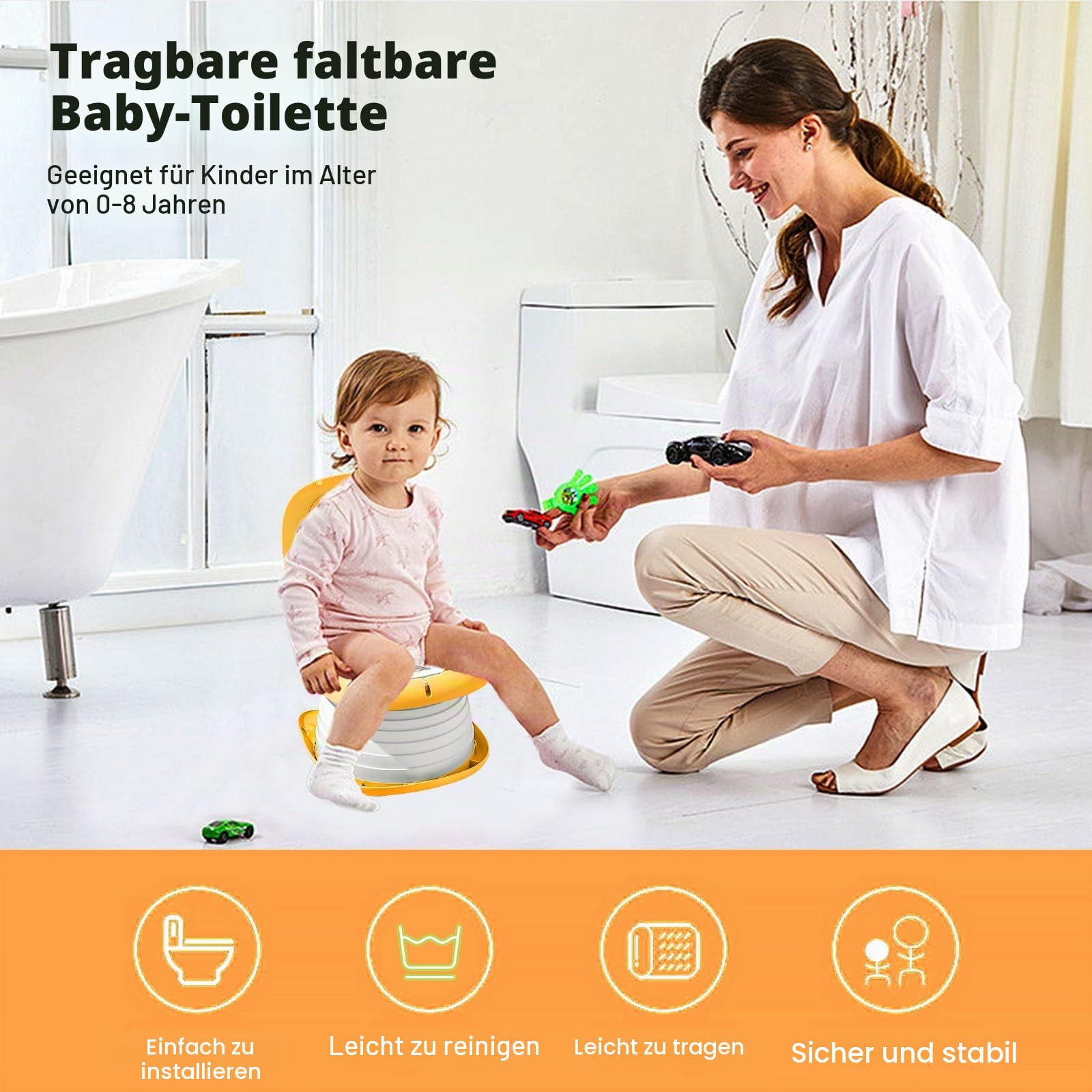 Töpfchen Falttoilette Kinder, Klapptoilette Für Kinder, Zusammenklappbarer Toilettensitz Mit Müllsäcke, Faltbarer Toilettensitz, Tragbares Reise-Klapptöpfchen Für Drinnen Und Draußen 0-8Jahre (Orange)