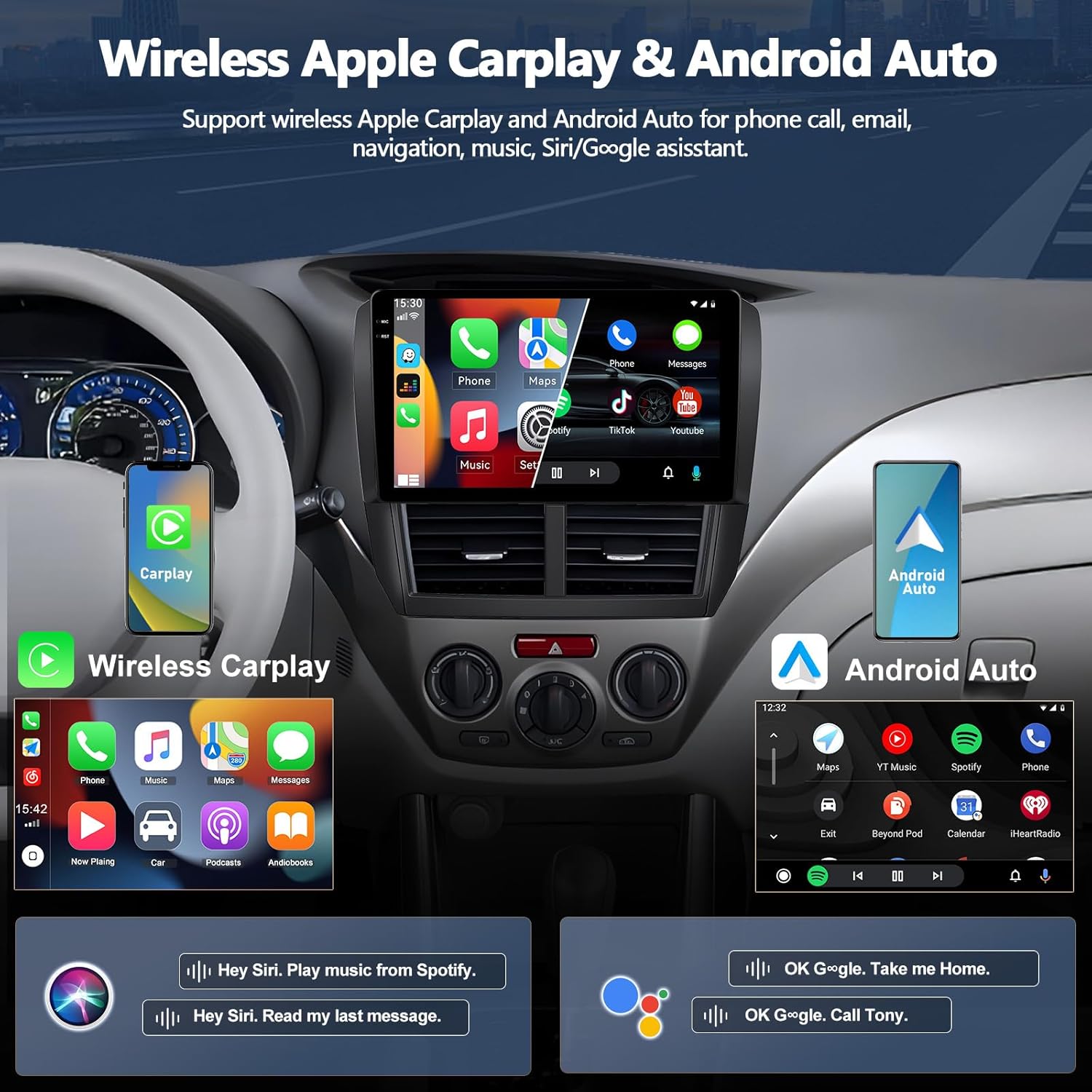 CAMECHO 4+128GB Car Radio Stereo for Subaru Forester Impreza 2008-2012, 9" Incell 1280 * 720 Touch Screen Head Unit with Android 15 CarPlay Android Auto GPS Navigation Bluetooth FM RDS Backup Camera