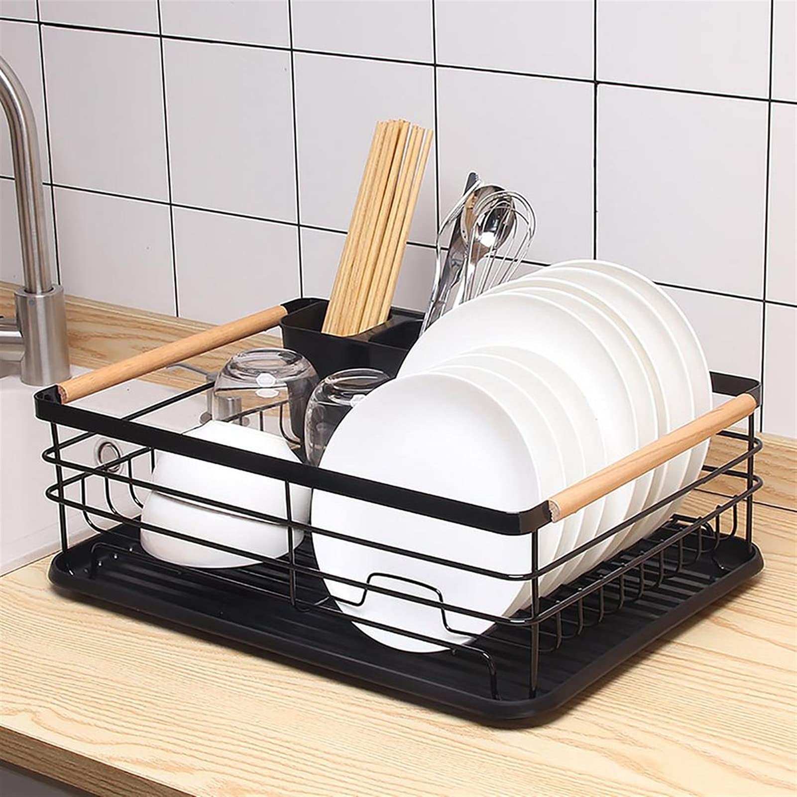 Küchen-Geschirrtrockner Single Layer Dish Rack Küchenorganisator Lagertablagerung Schwarz Trocknungsplatte Regal Abnehmbare Teller Korb Küchenzubehör Multifunktionaler Abtropfständer