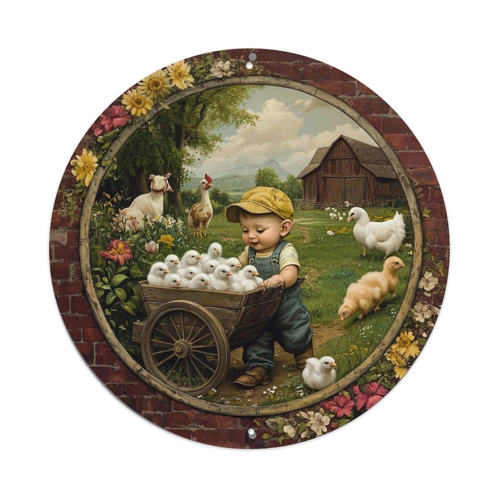 Farm Scene With Chickens And Child Round Tin Sign Vintage Metal Sign Home Bar Garden Indoor & Outdoor Wall Decor Retro Metal Poster 8x8 Inch