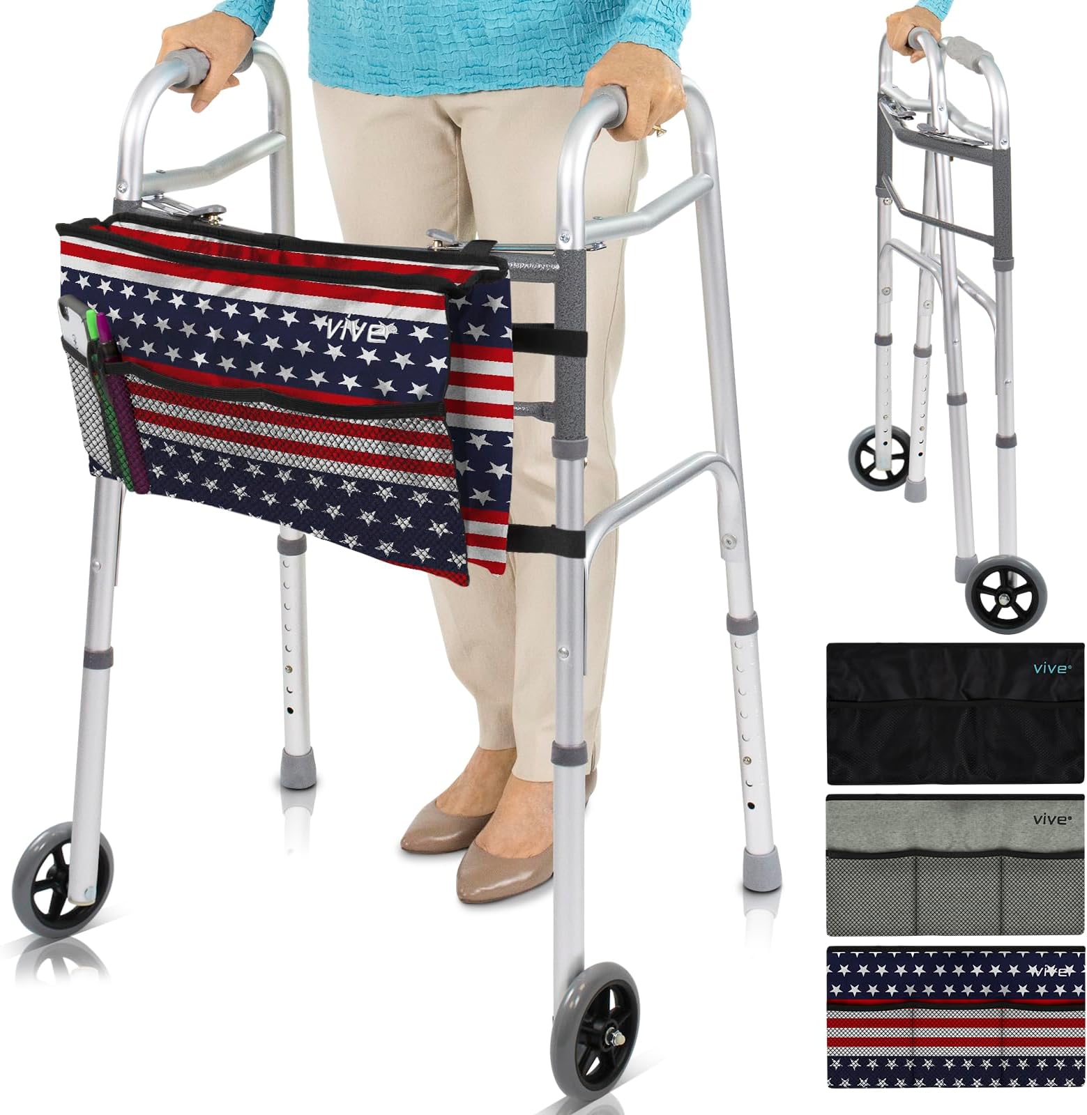 Vive Mobility Folding Walker for Seniors (with Wheels & Bag) - Rolling Rollator - Narrow, Foldable, Lightweight - Medical Front Wheeled Support - for Adults, Handicap, Elderly (with USA Bag)