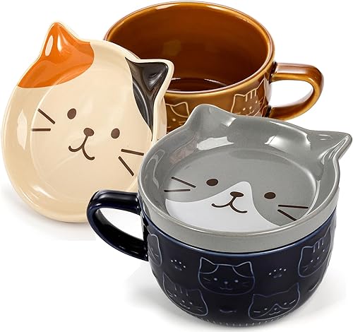 Juego de 2 bonitas tazas de cerámica con tapa, 10 onzas, tazas de café con leche, taza de té Kawaii, taza de desayuno para amantes de los gatos,
