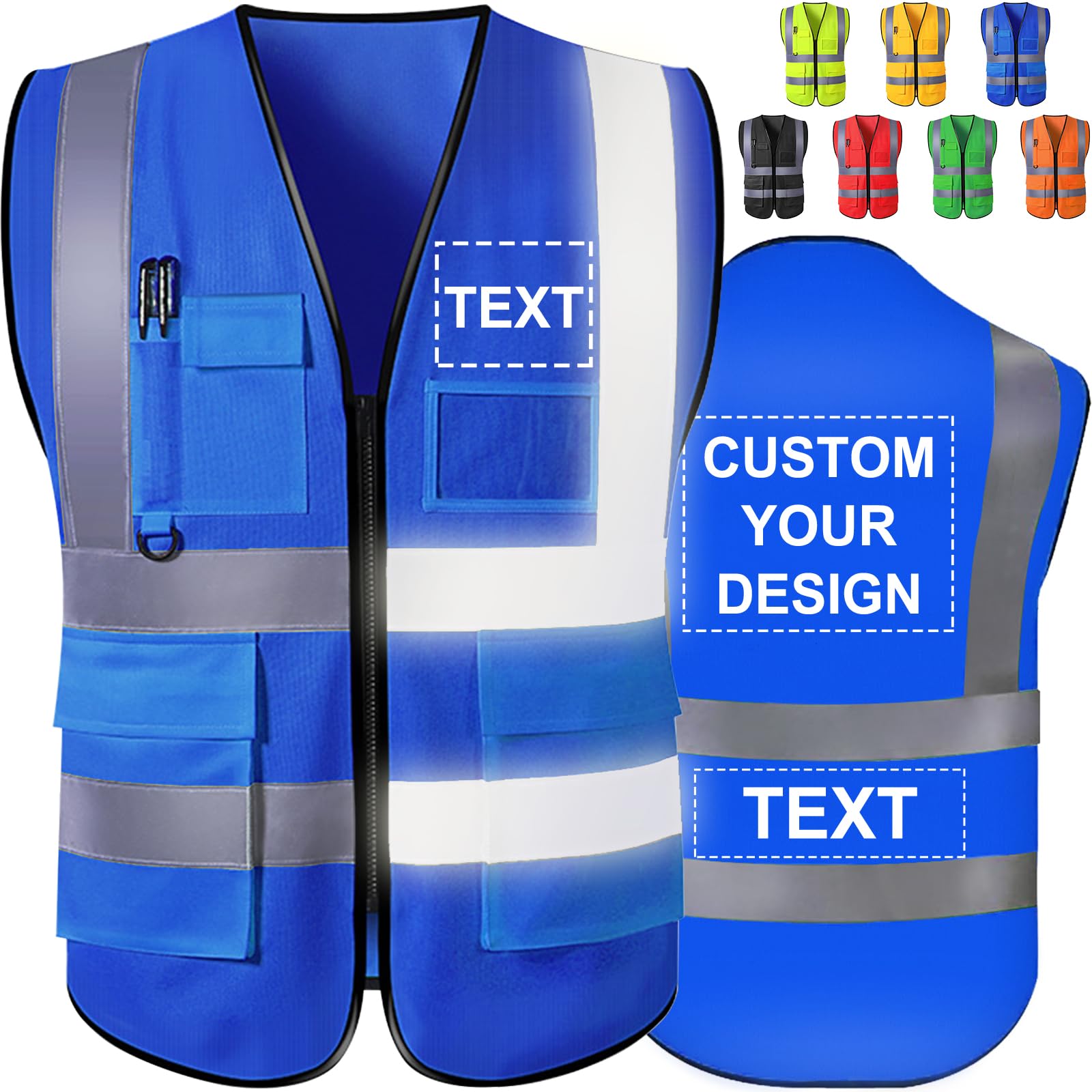 Custom Safety Vest High Visibility Reflective Personalized Vests with Logo Photo Pocket Zipper Customize Class 2 for Men Work